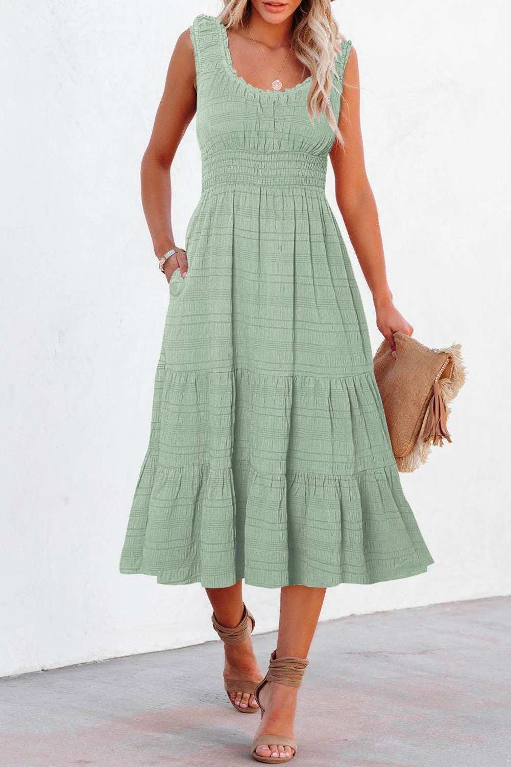 Sleeveless Midi Dress with shirred pleated square-neck bodice and tiered skirt