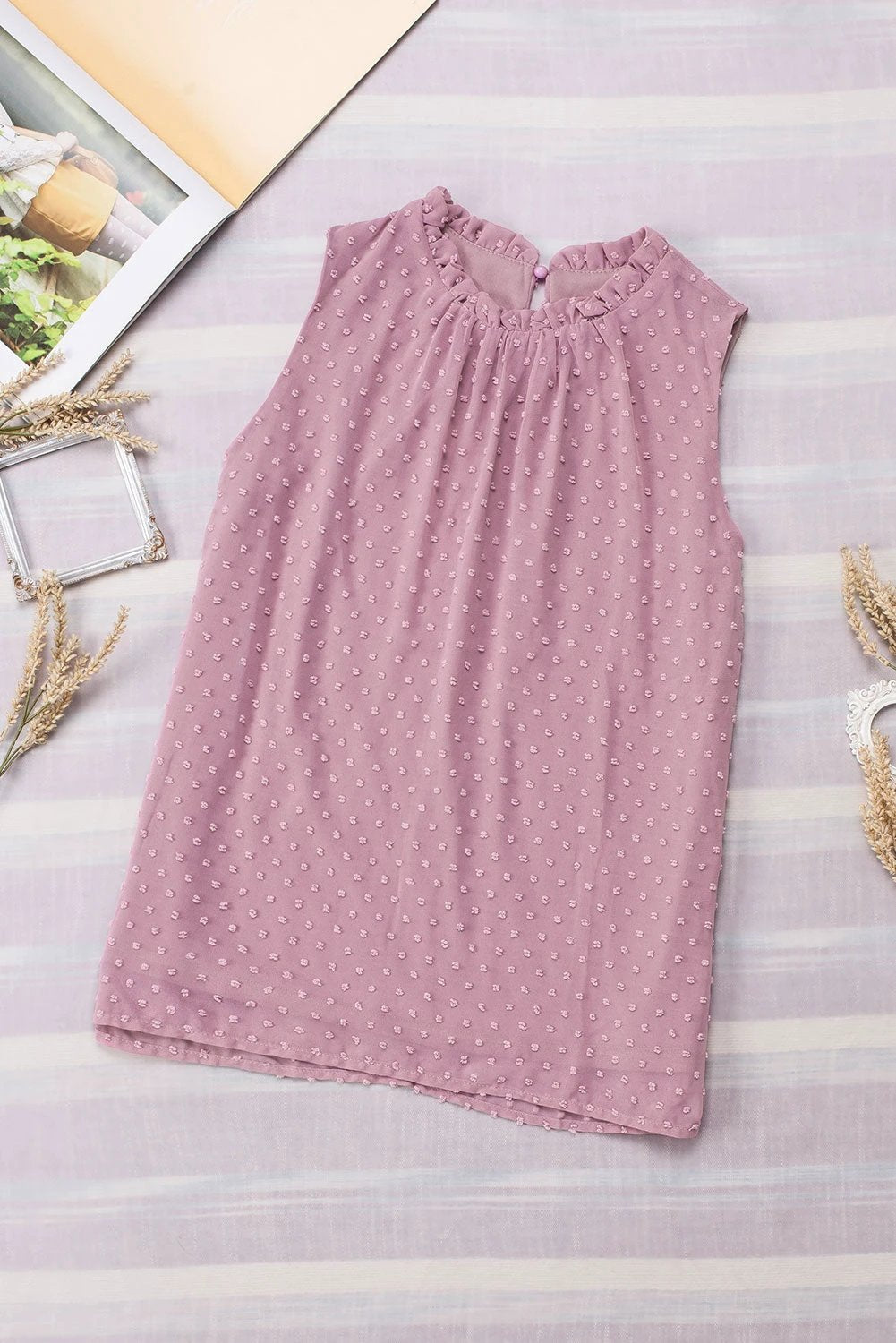 pink swiss dot sleeveless ruffle tank for women casual everyday outfit