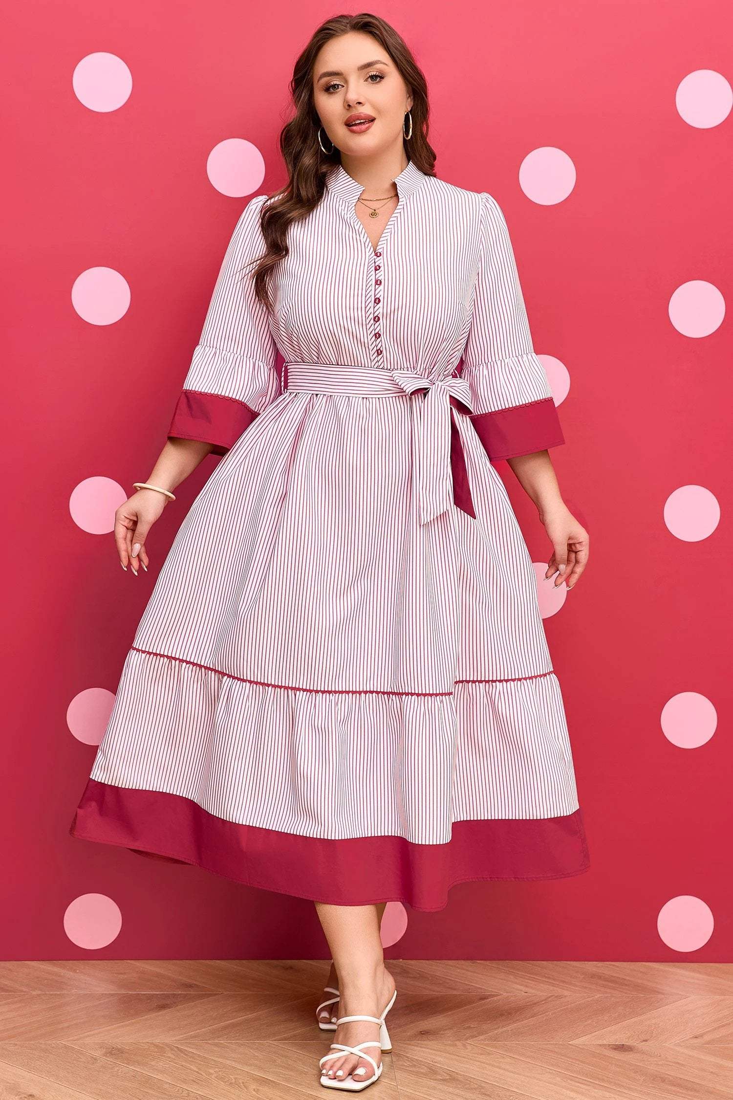 red stripe plus size ruffled hem pinstriped midi dress for women casual everyday outfit