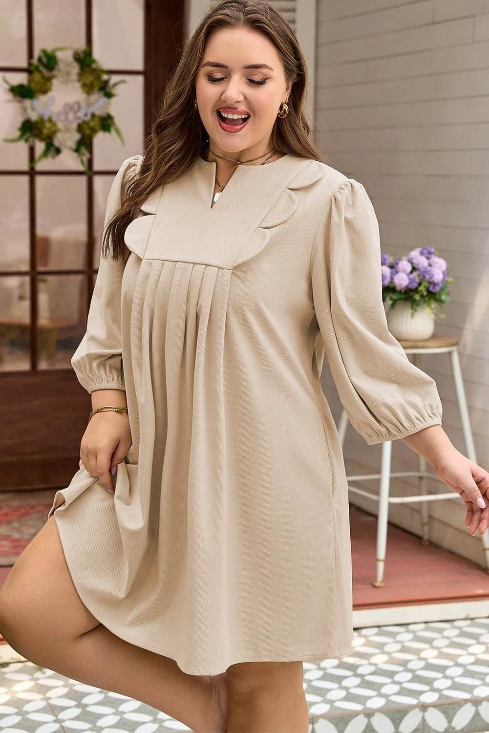 Plus size khaki corduroy mini dress with notched scallop neckline and puff sleeves