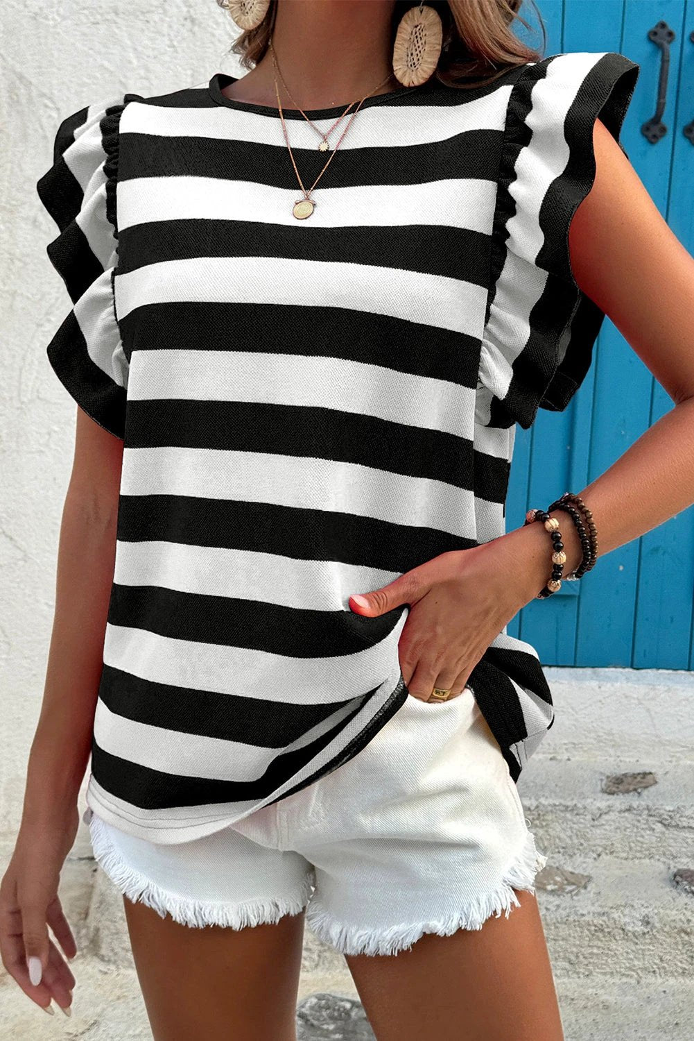black stripe flutter sleeve round neck t shirt for women casual everyday outfit