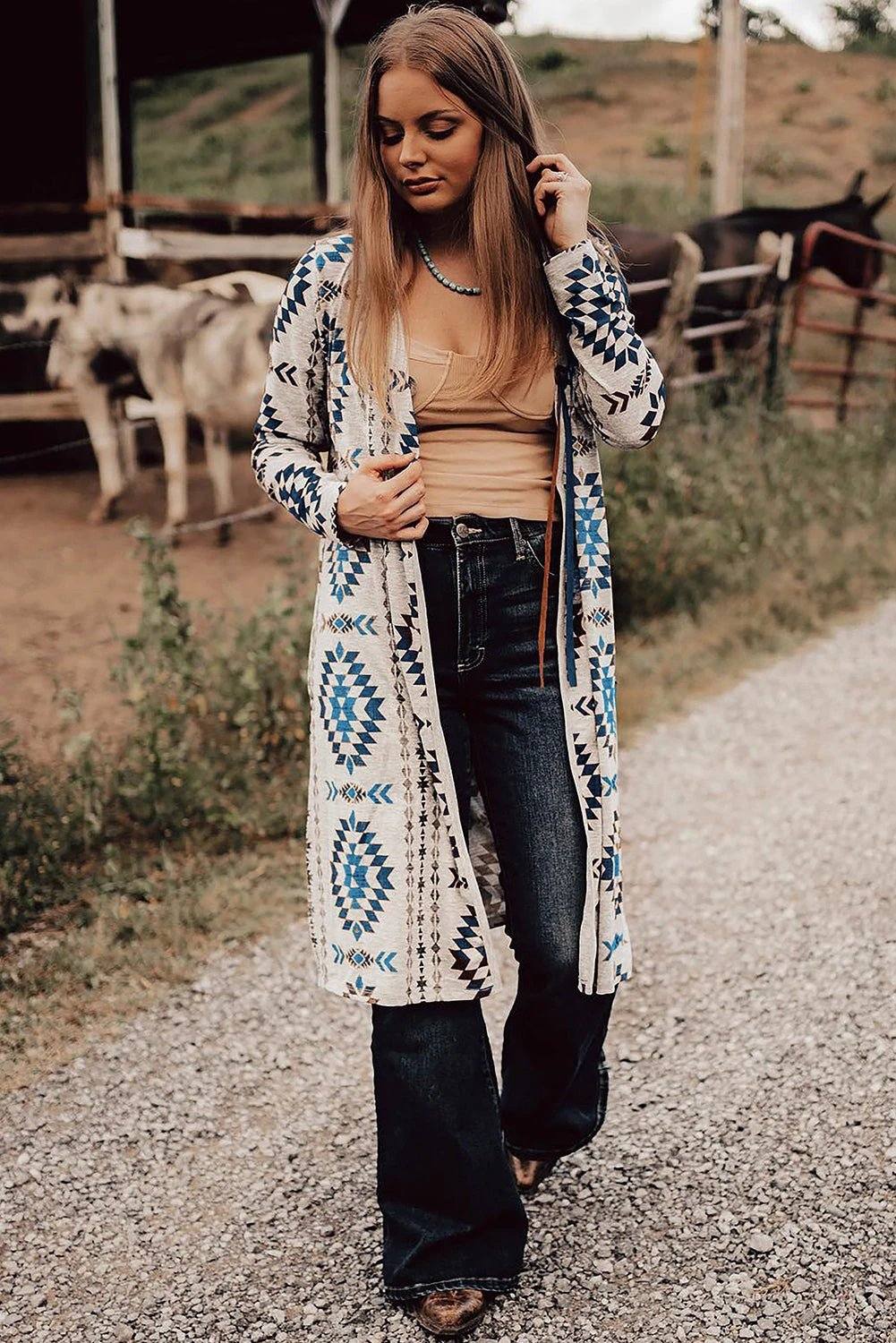 Western Vibes | Boho Western Vibe Aztec Print Long Cardigan for Women