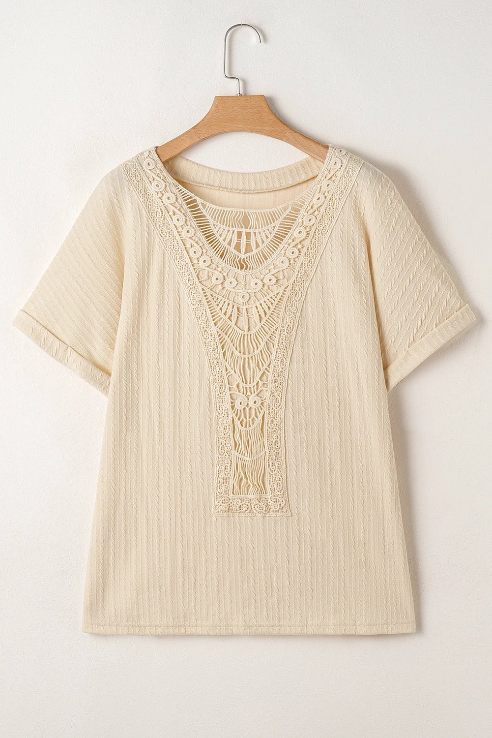 beige lace crochet patched cable textured cuffed short sleeve plus size top for women casual everyday outfit