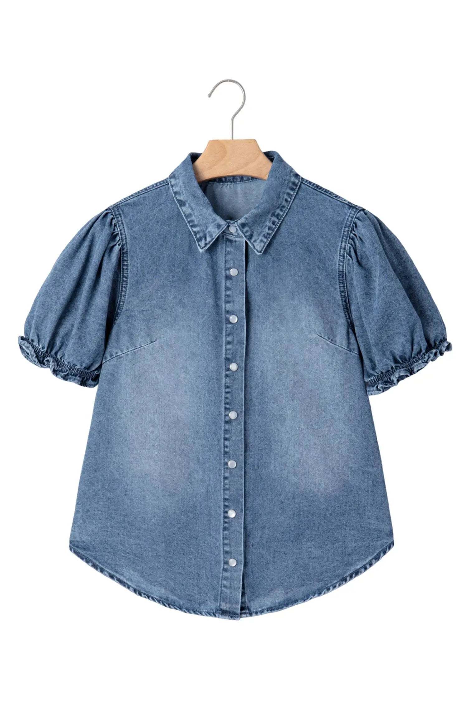 Blue denim frilled short sleeve shirt with snap buttons in Western Chic style