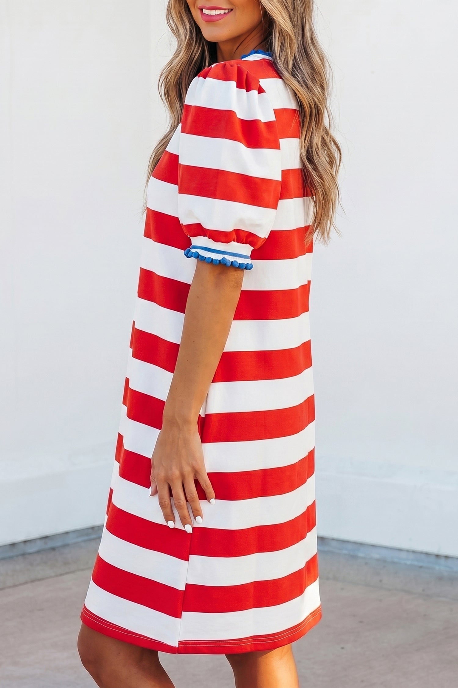 Coastal Confidence | Striped Round Neck Puff Sleeve Mini Dress With Contrast Trim