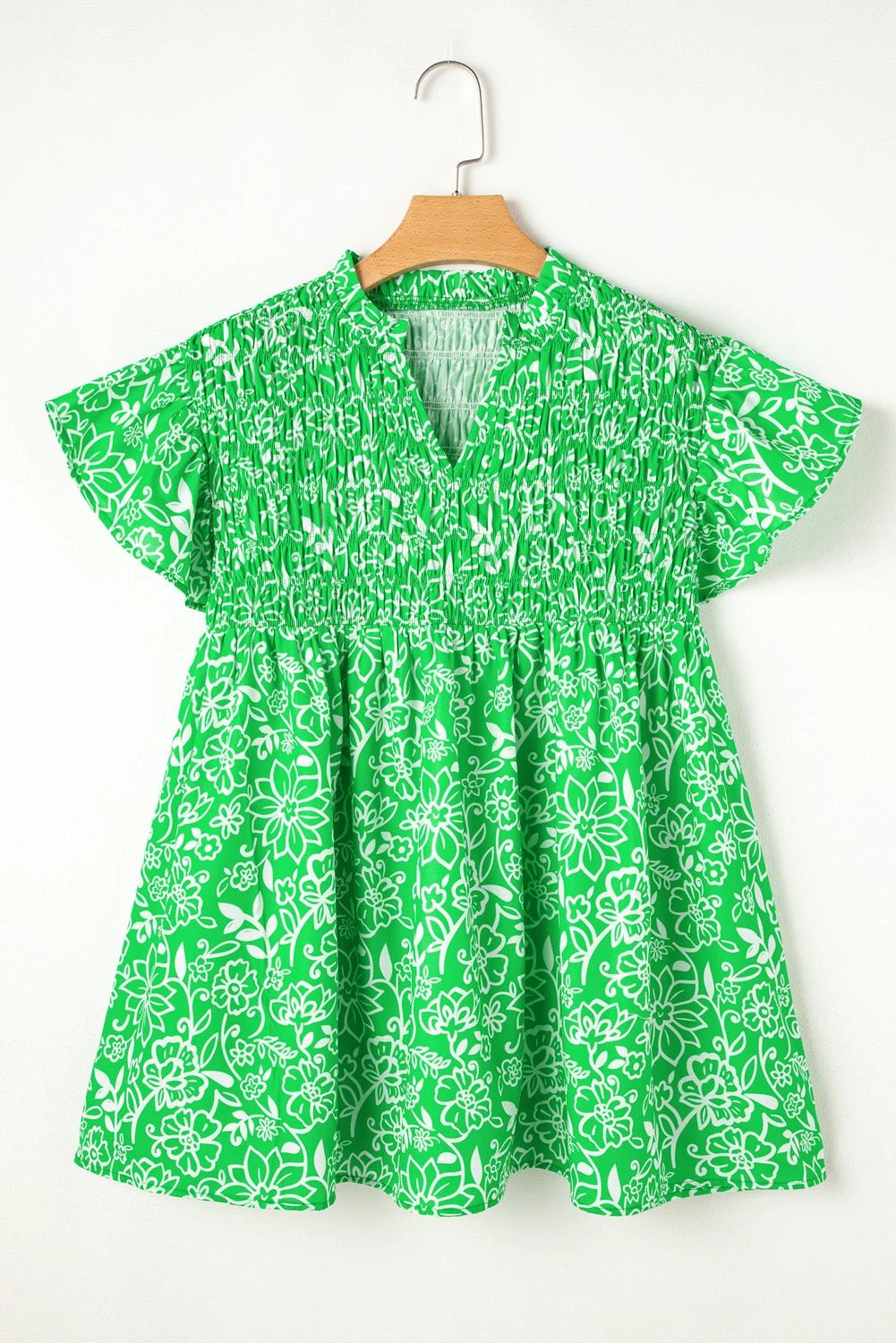 Dear-Lover Dropshipping Green Floral Flutter Sleeve Shirred Notched Neck Plus Size Blouse - Plus Size/Plus Size Tops/Plus Size Blouses & Shirts