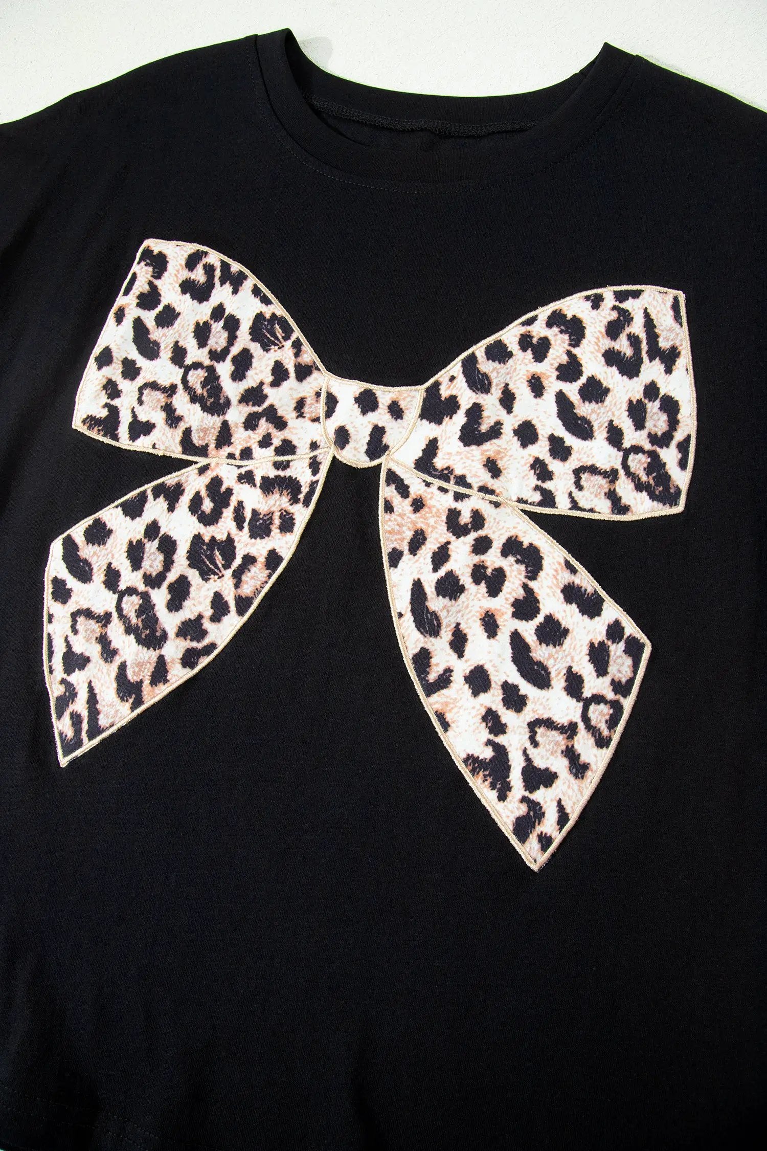 Dear-Lover Dropshipping White Leopard Bow Embroidered Cotton Round Neck T Shirt - T-Shirts Tops/Tops & Tees