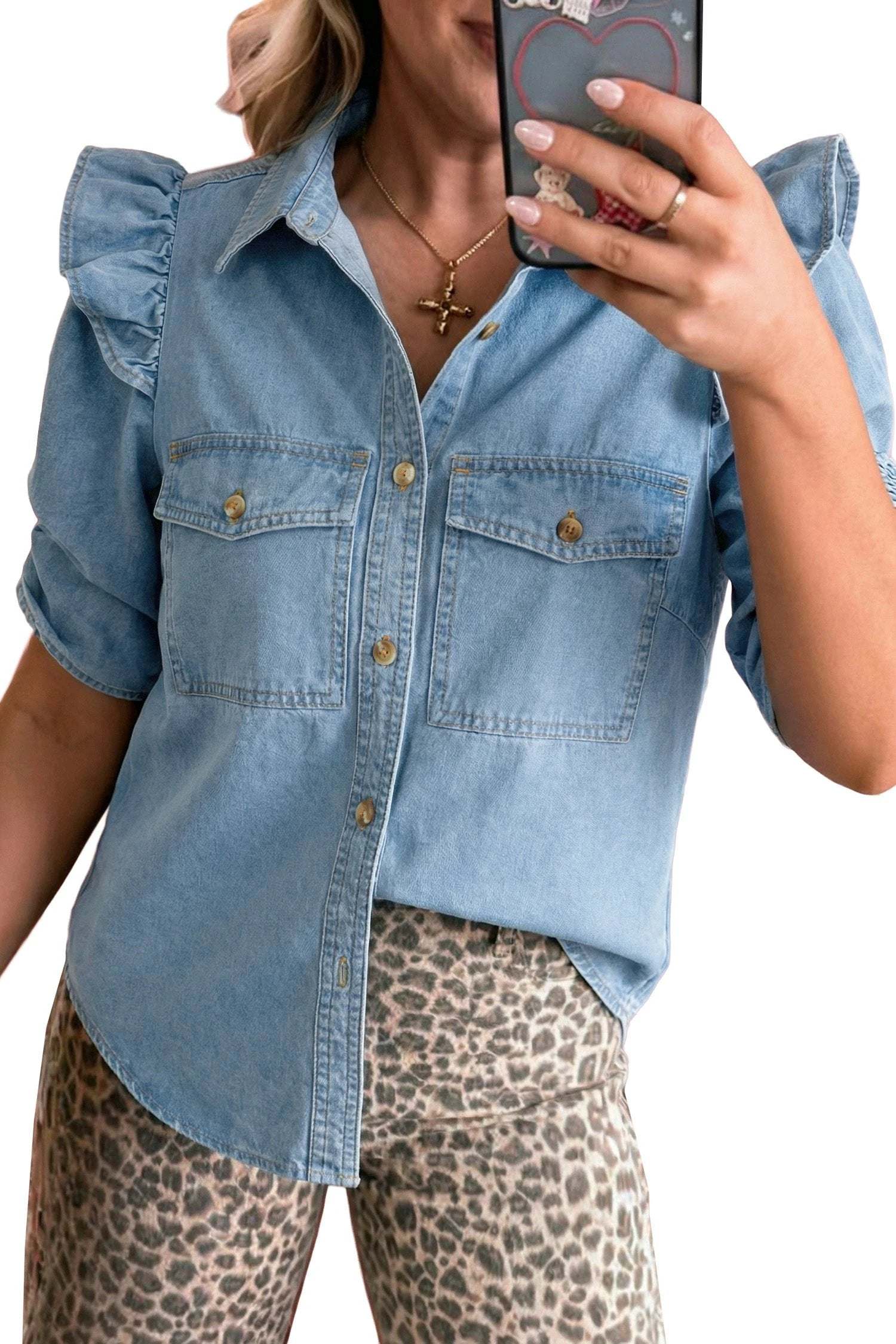 denim ruffle detail short puff sleeve button down flap pocket denim shirt for women casual everyday outfit