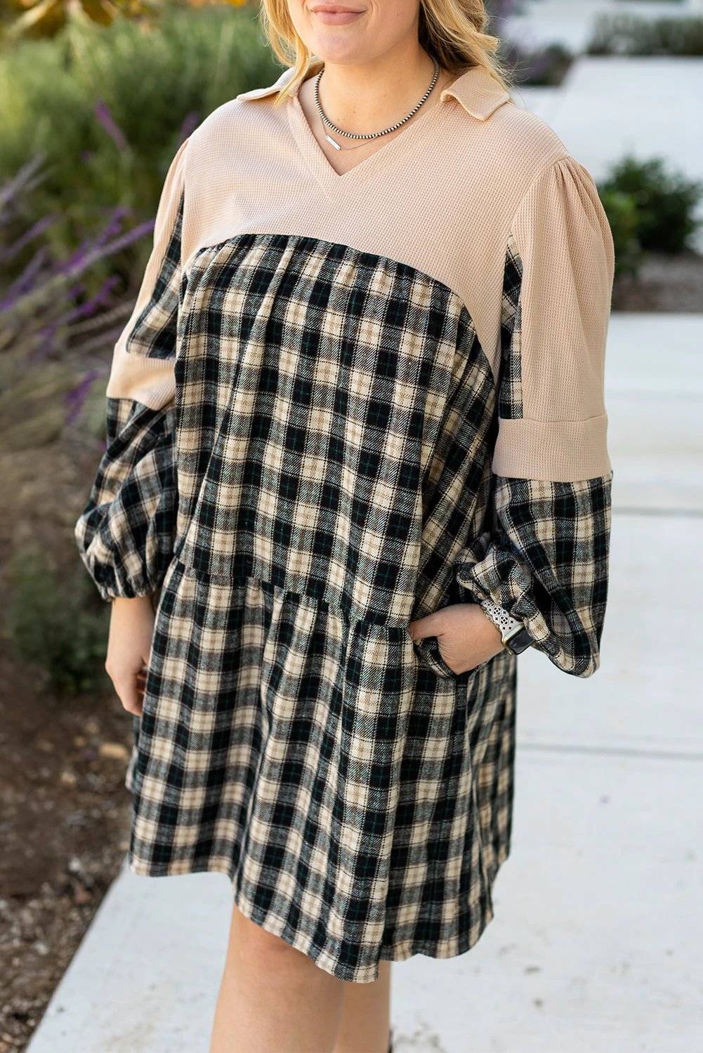 Plus size plaid waffle knit patchwork collared V neck mini dress with main character energy style