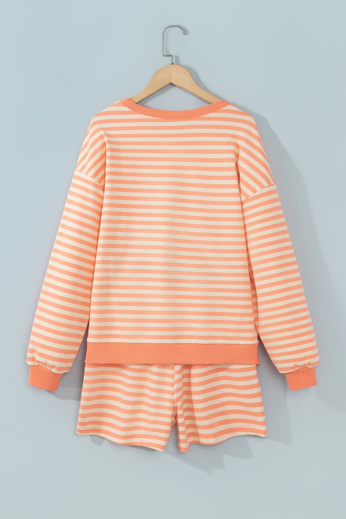 Grapefruit Orange Drop Shoulder Long Sleeve Pullover Elastic Waist Casual Short Set