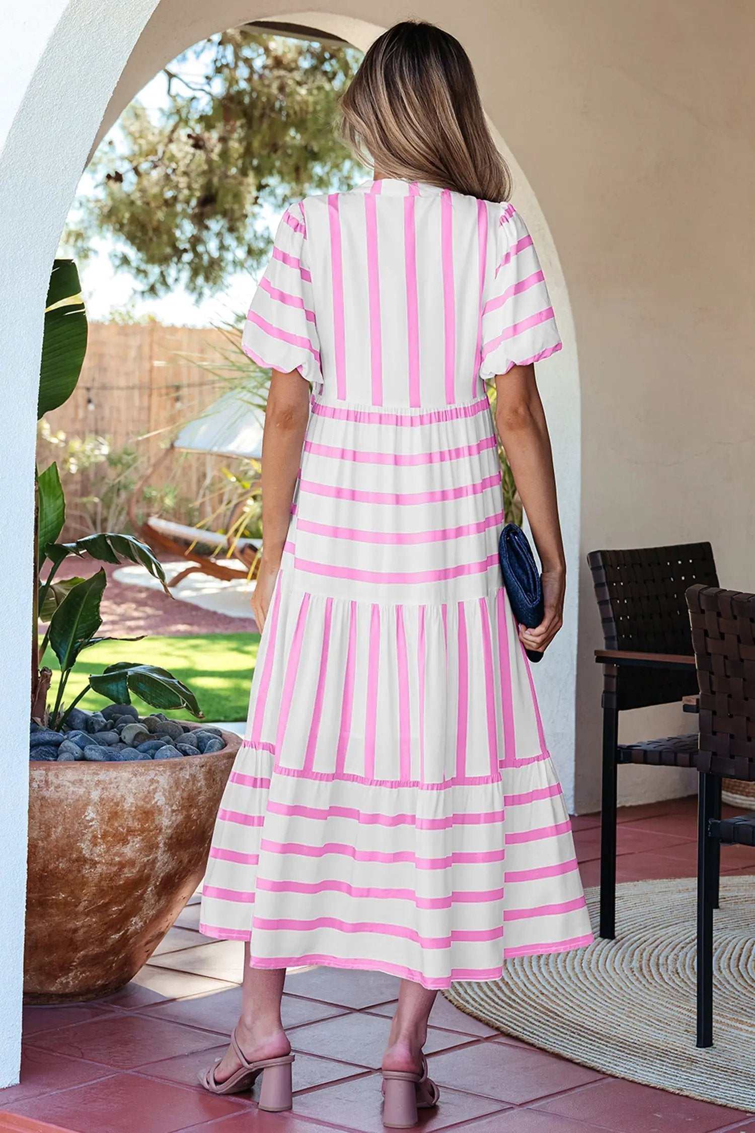 Stripe Ricrac Trim Maxi Dress with notched neck and half sleeves