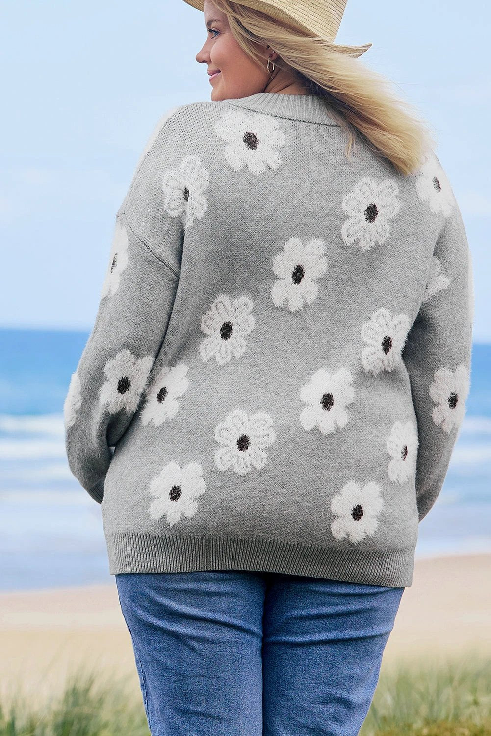 gray plus size embroidered floral pattern half zip sweater for women casual everyday outfit