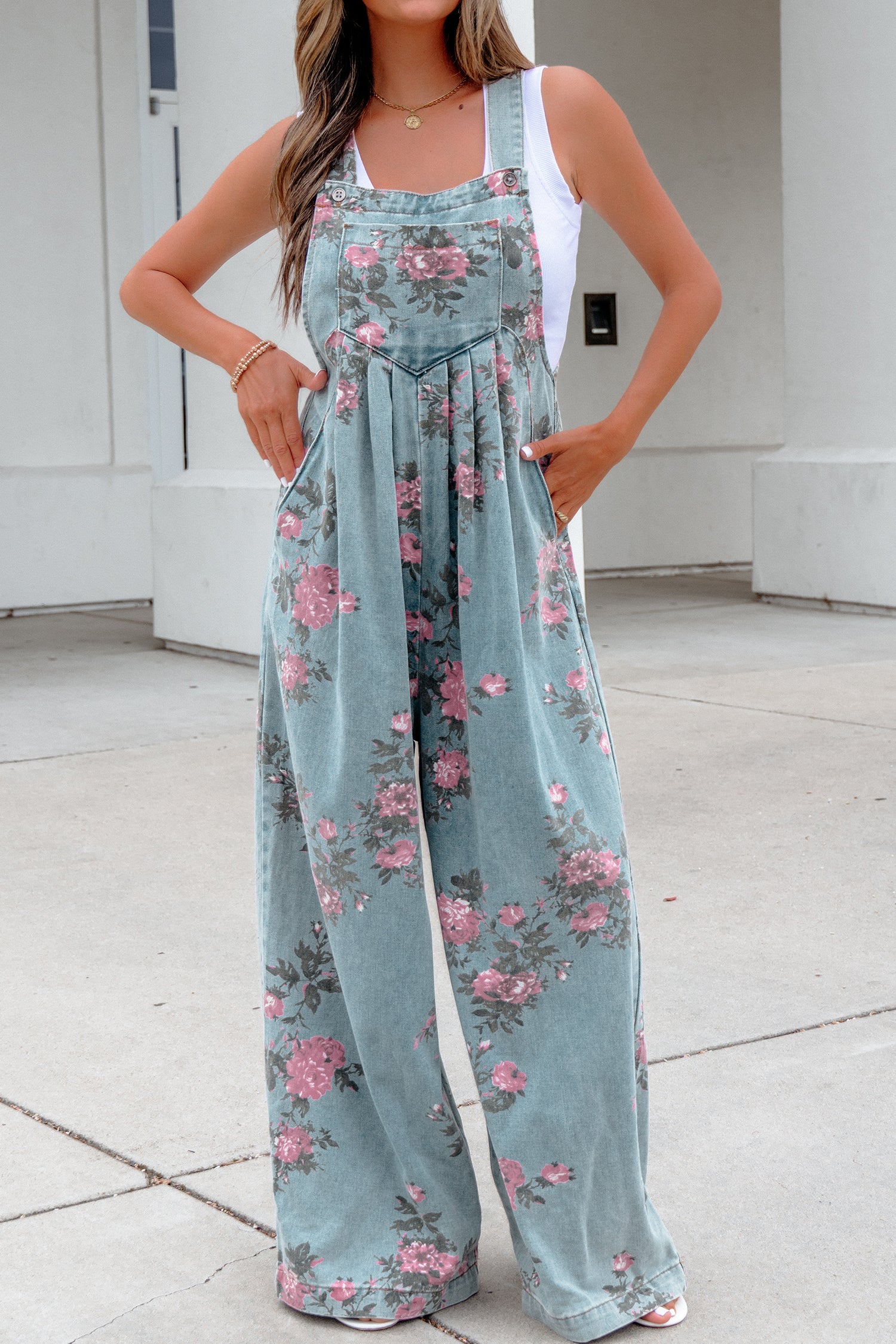 Floral Print Pleated High-Waisted Wide-Leg Denim Jumpsuit — everyday dress for women | J&H Apparel