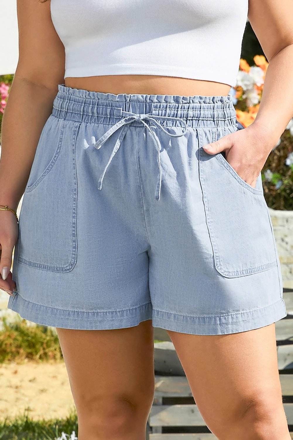 Plus size Chic Mom Energy high waist denim shorts with pockets and drawstring