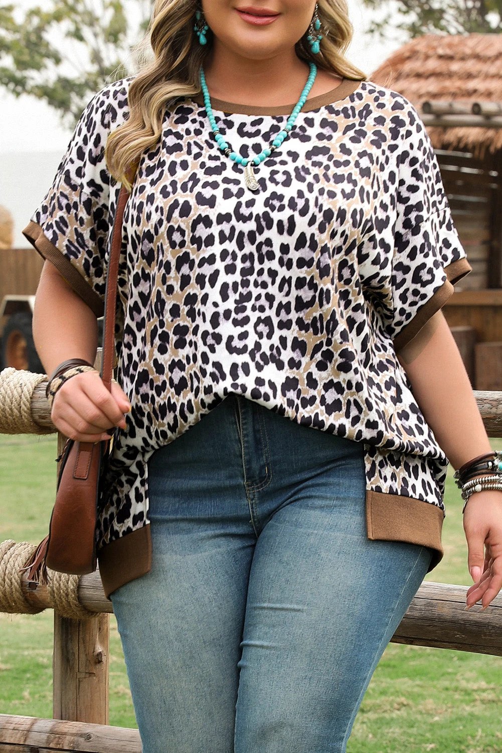 Dear-Lover Dropshipping Khaki Leopard Contrast Trim Short Sleeve Loose Plus Size Top - Plus Size/Plus Size Tops/Plus Size Tops & Tees