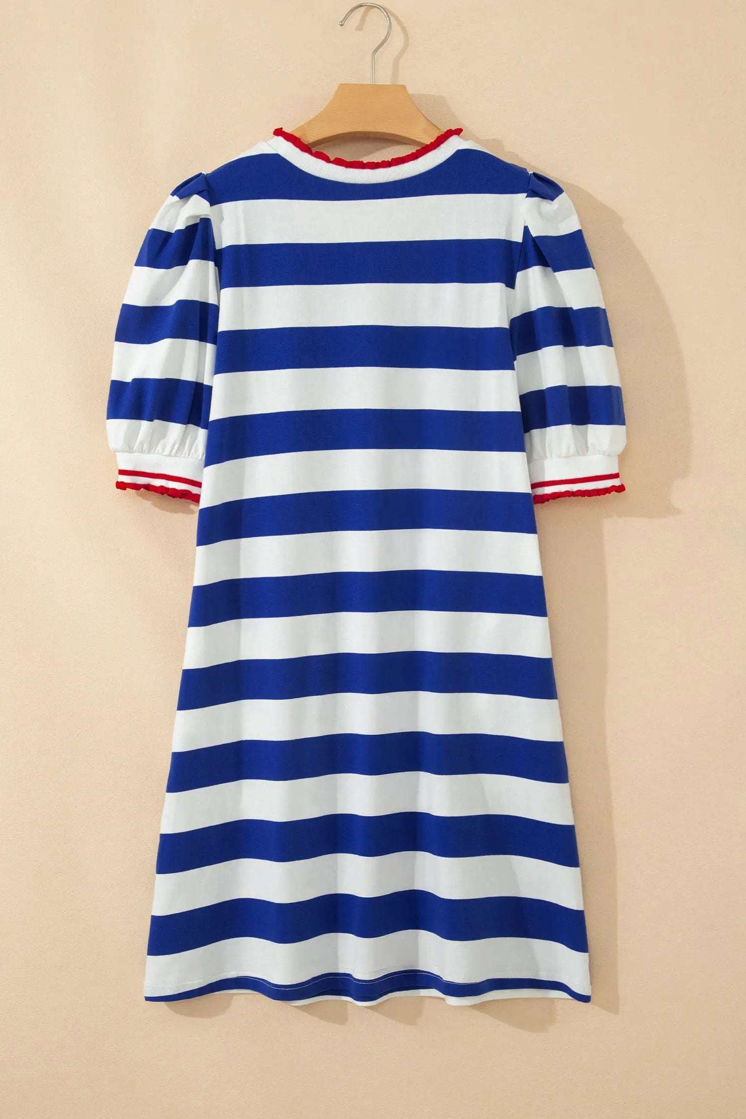 Dear-Lover Dropshipping Coastal Confidence | Striped Round Neck Puff Sleeve Mini Dress With Contrast Trim - Dresses Dresses/Mini Dresses
