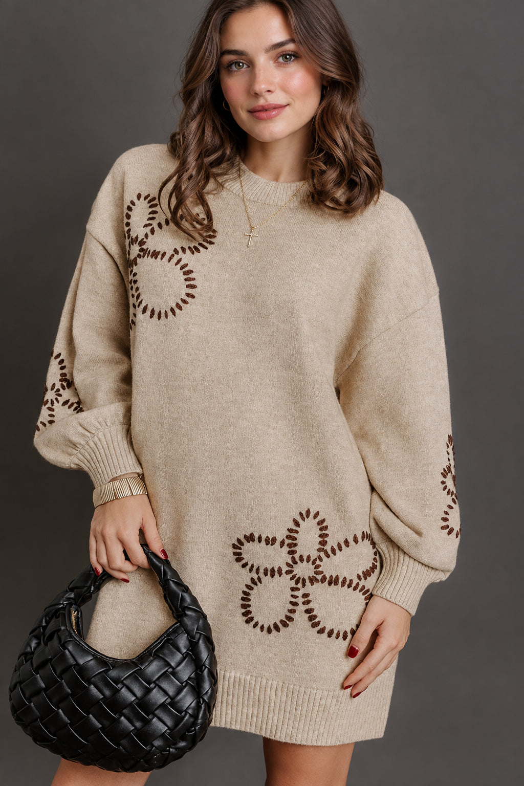 Parchment Floral Pattern Round Neck Puff Sleeve Shift Sweater Dress