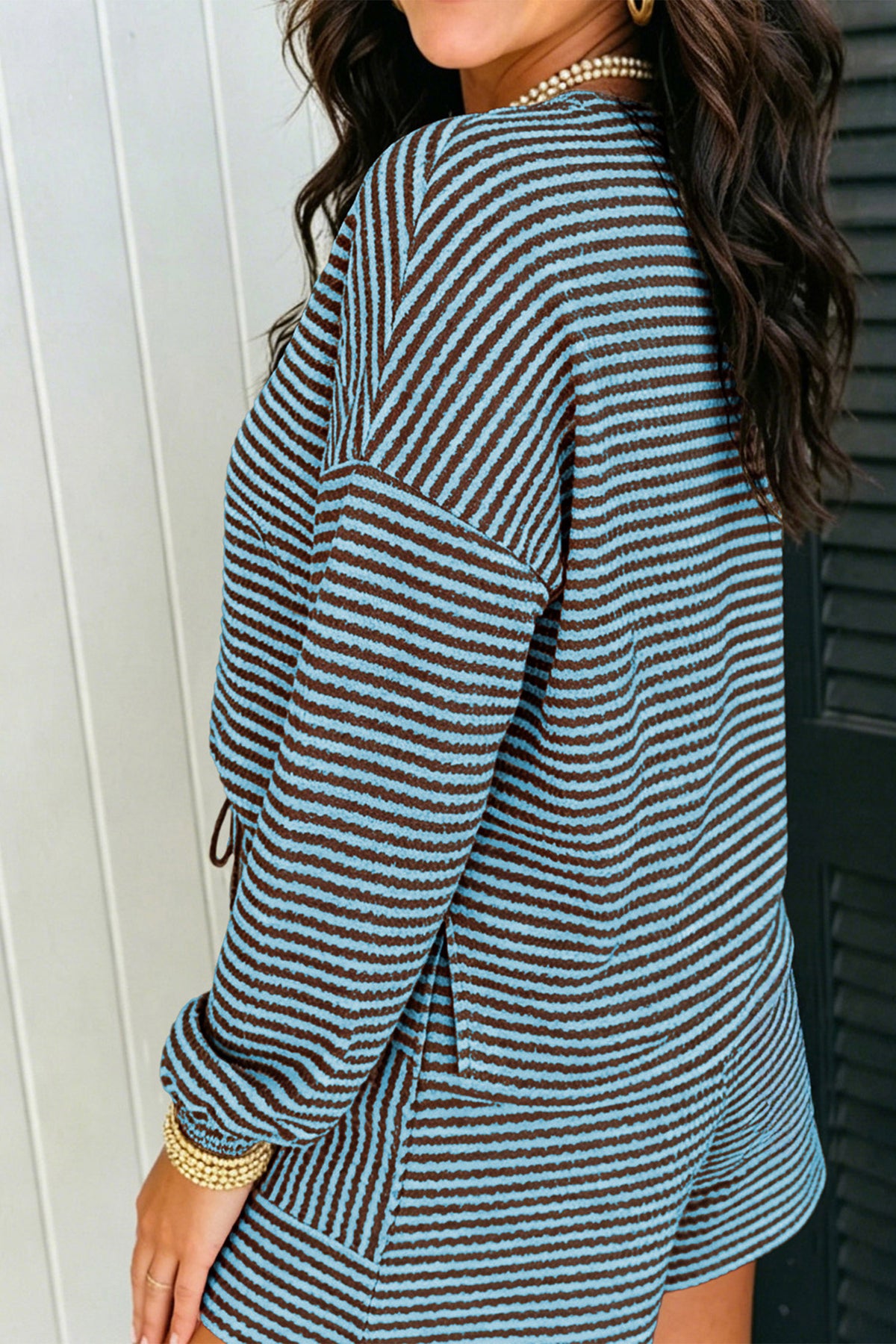 Brown Stripe Textured Knit Long Sleeve Top Elastic Waist Shorts Casual Outfit