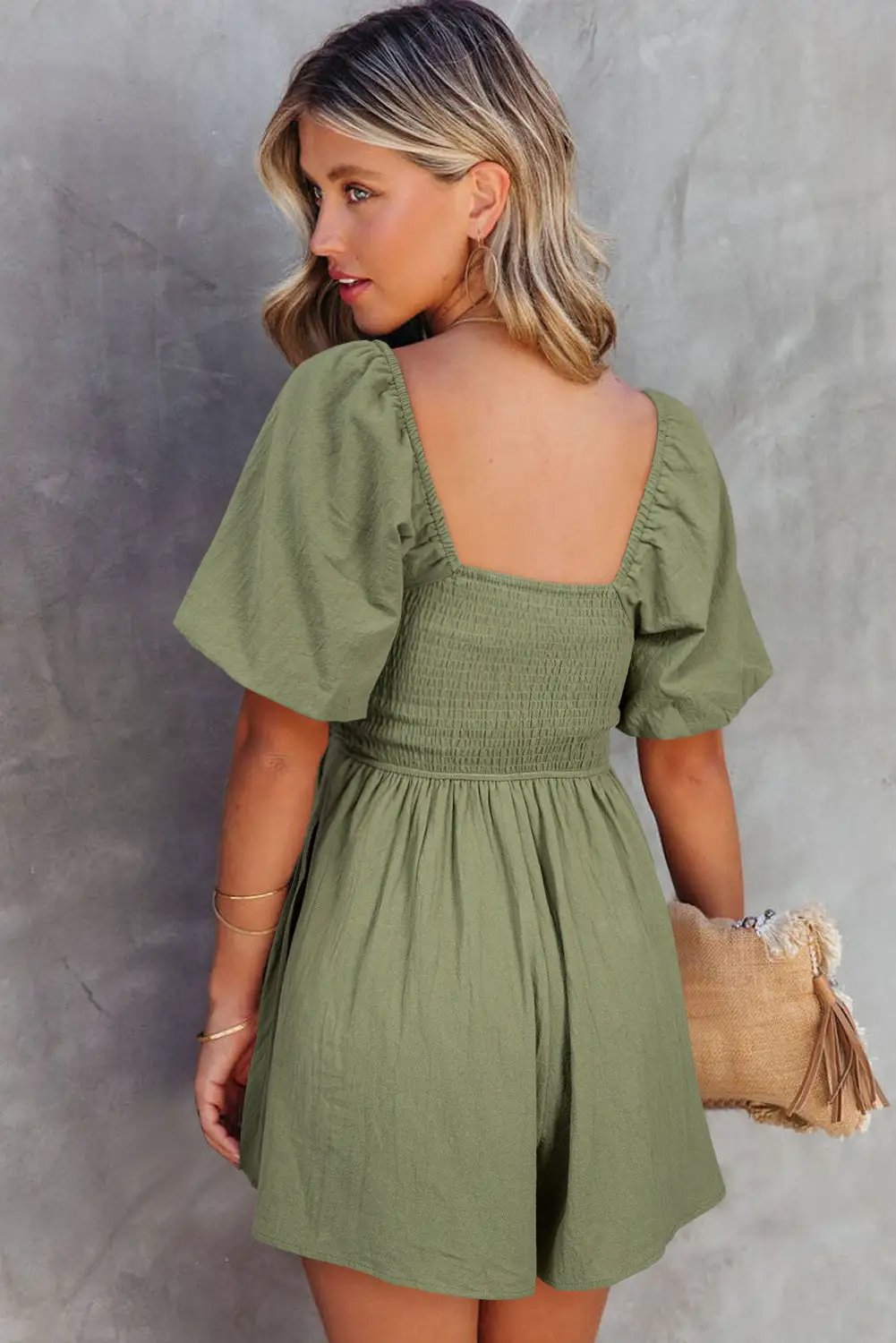 valerian square neck ruched puff sleeve romper for women casual everyday outfit