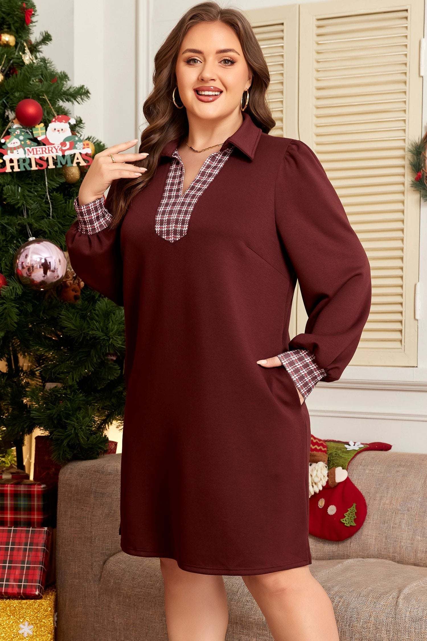 Plus size plaid patchwork collared shift mini dress with plaid trim and relaxed fit
