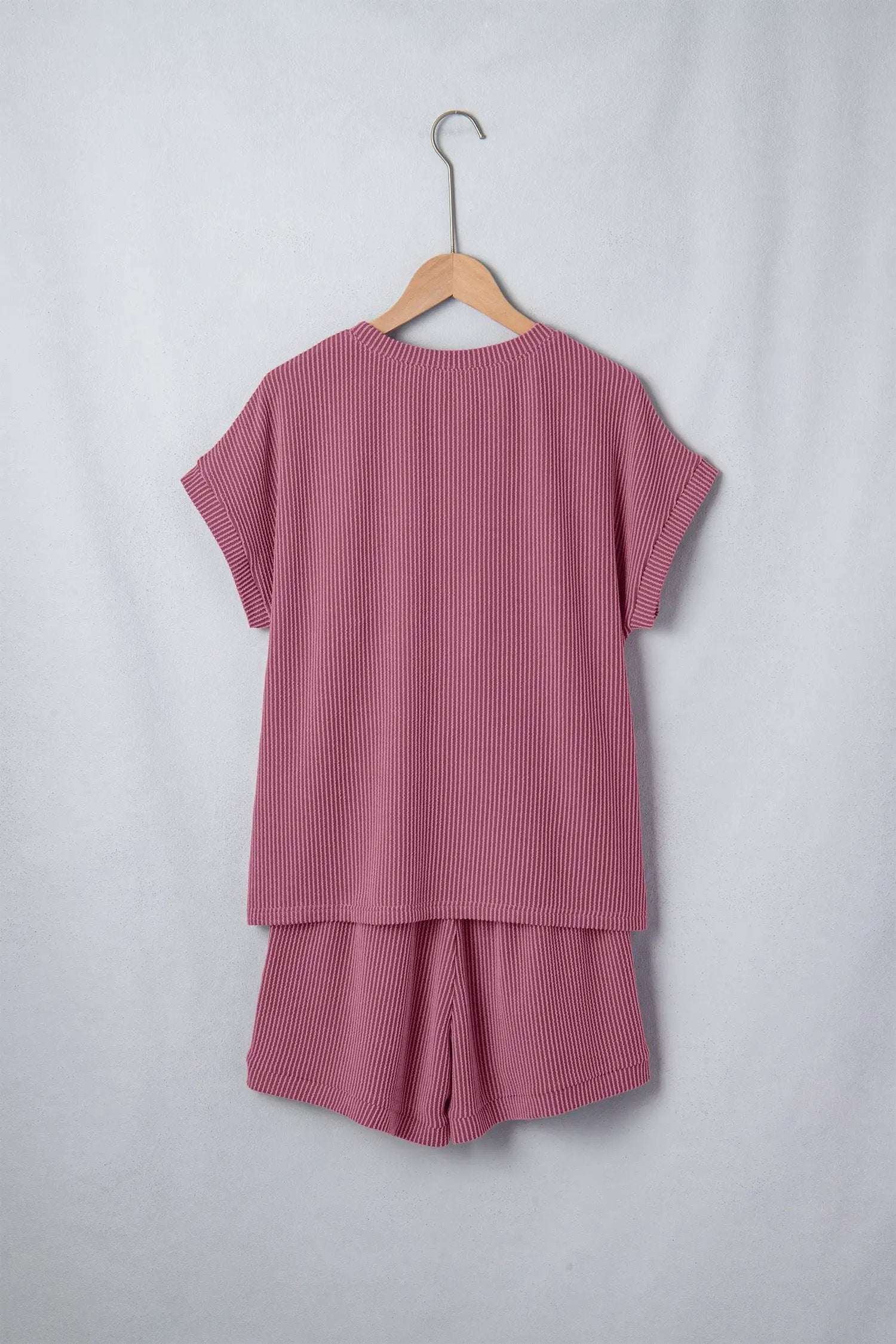 Soft pink twisted ribbed two-piece set with loose tee and shorts for moms