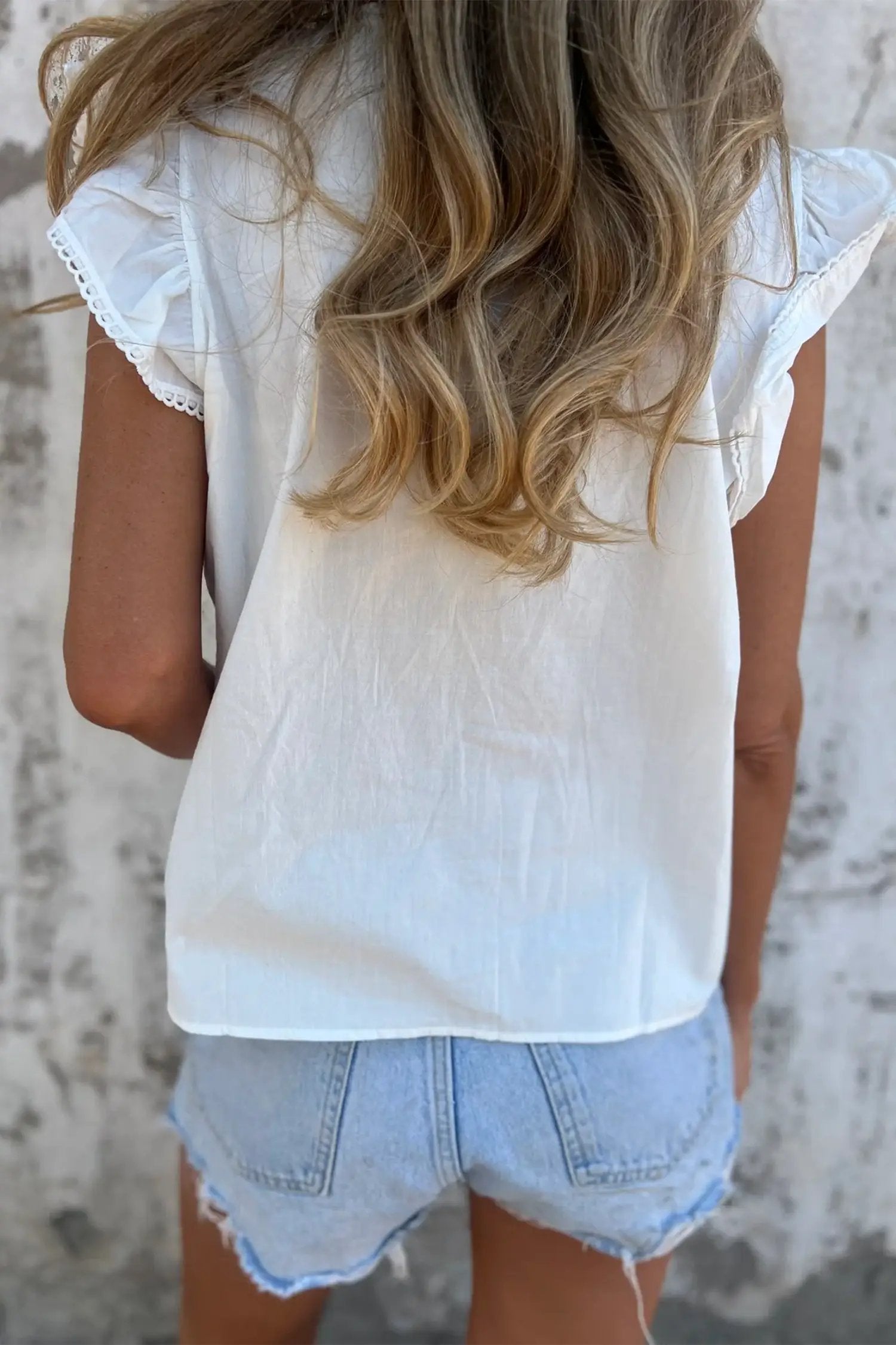 Dear-Lover Dropshipping White Lace Detail Flutter Sleeve Pleated Round Neck Blouse - Tops/Blouses & Shirts