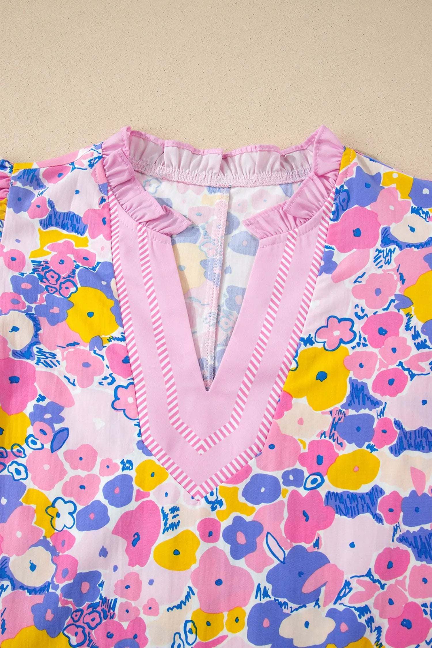 Floral print striped color block patchwork blouse with V-neck and flutter sleeves