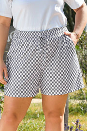Plus size checkerboard lace-up high waist shorts with drawstring for mom energy style