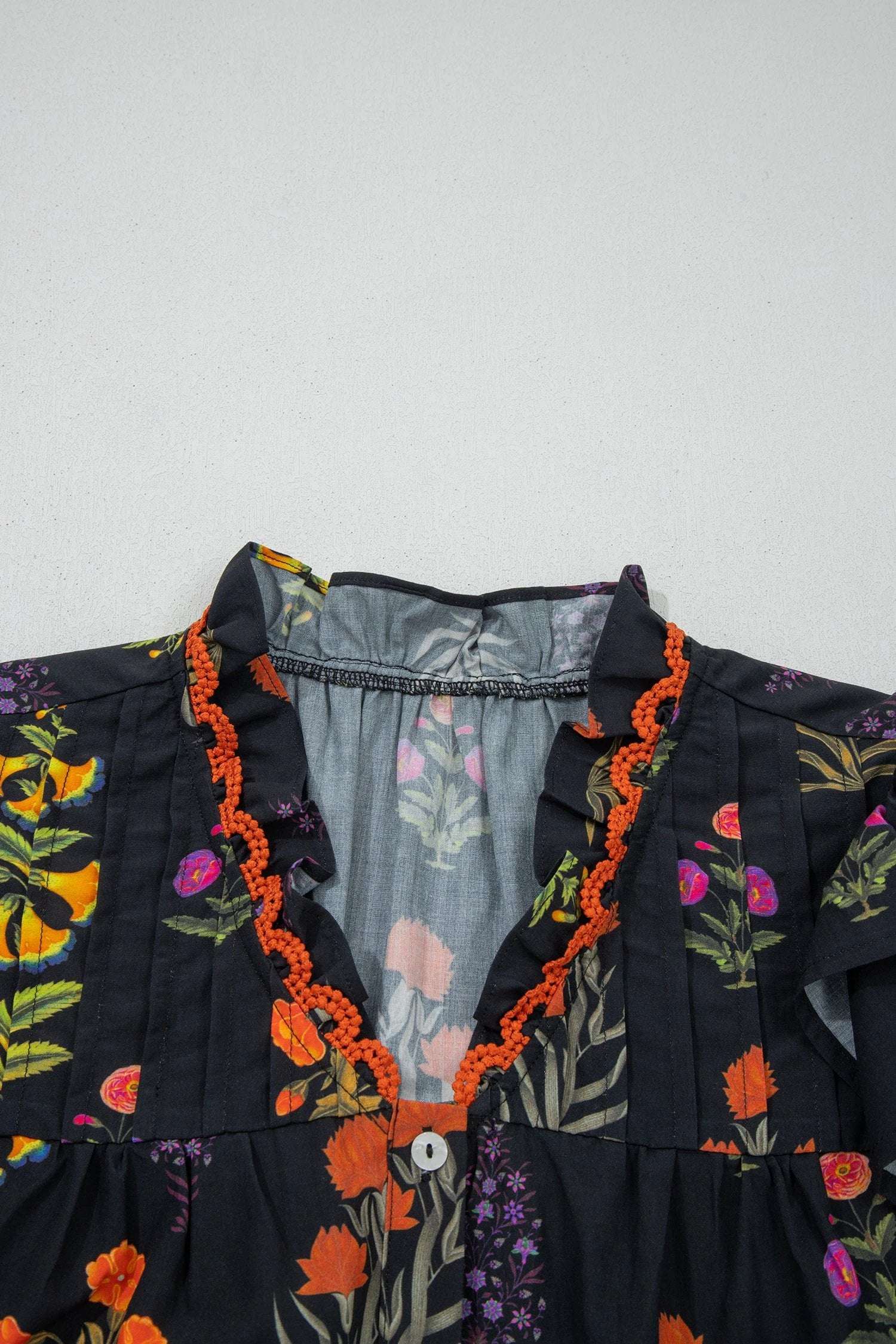 black floral print lace trim frilled v neck short sleeve shirt for women casual everyday outfit