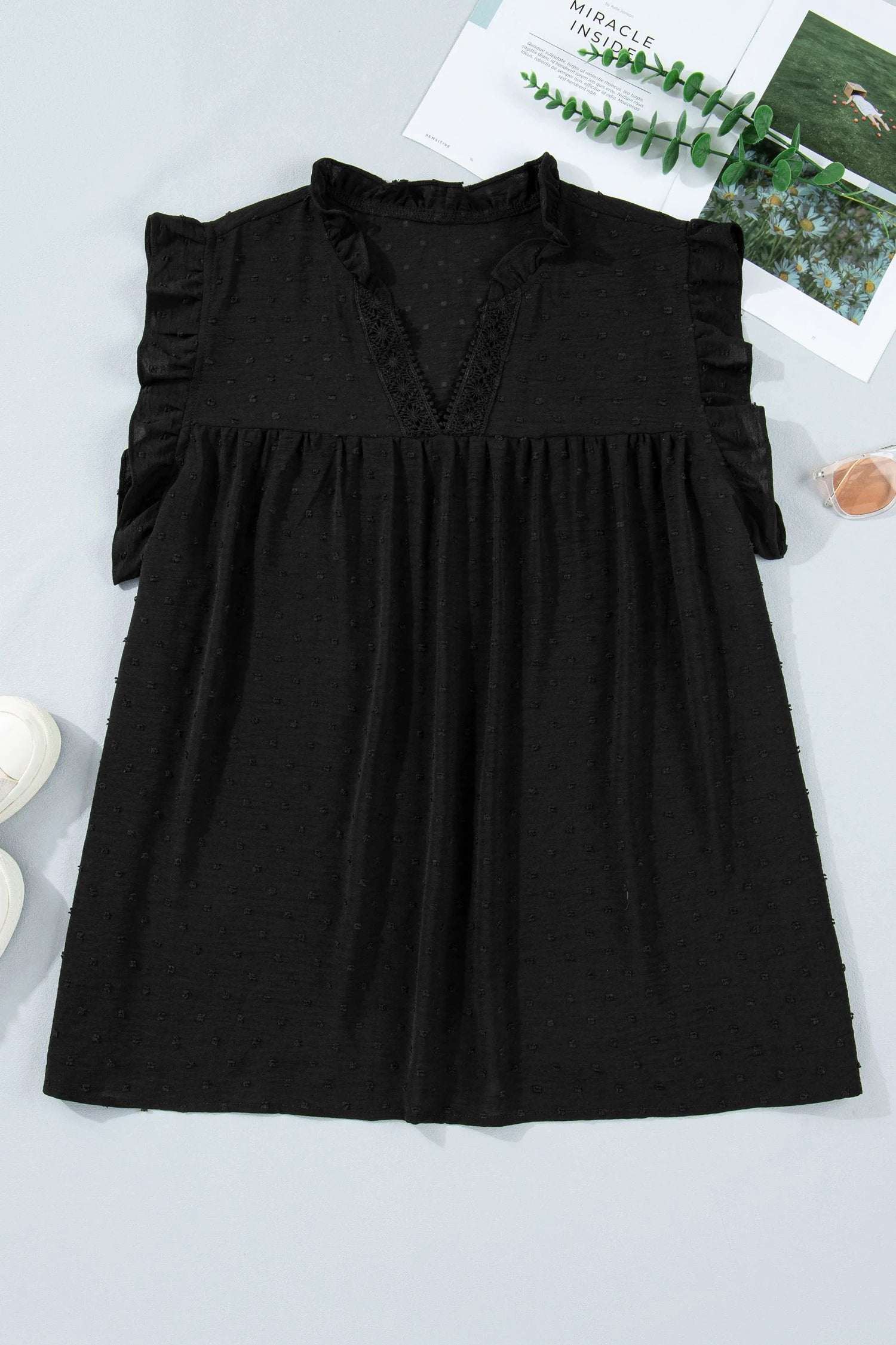 black plus size swiss dot ruffle lace trim v neck tank top for women casual everyday outfit