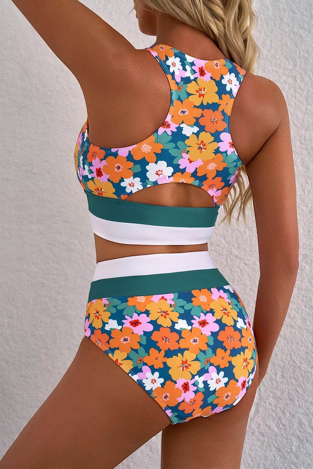 green floral print racerback cutout high waist 2pcs bikini for women casual everyday outfit