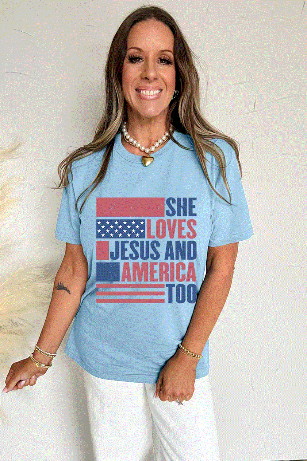 light blue she loves jesus and america too flag graphic t shirt for women casual everyday outfit