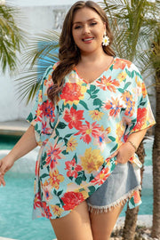 Plus size Coastal Bloom floral print V neck blouse with batwing sleeves