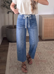 Solid Patchwork Grommet Tie Waist Loose Ankle-Length Jeans