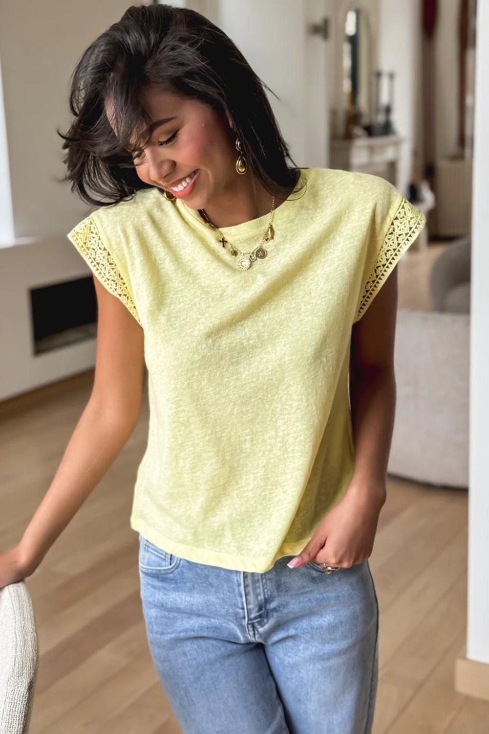 yellow cream lace patchwork cap sleeve round neck t shirt for women casual everyday outfit
