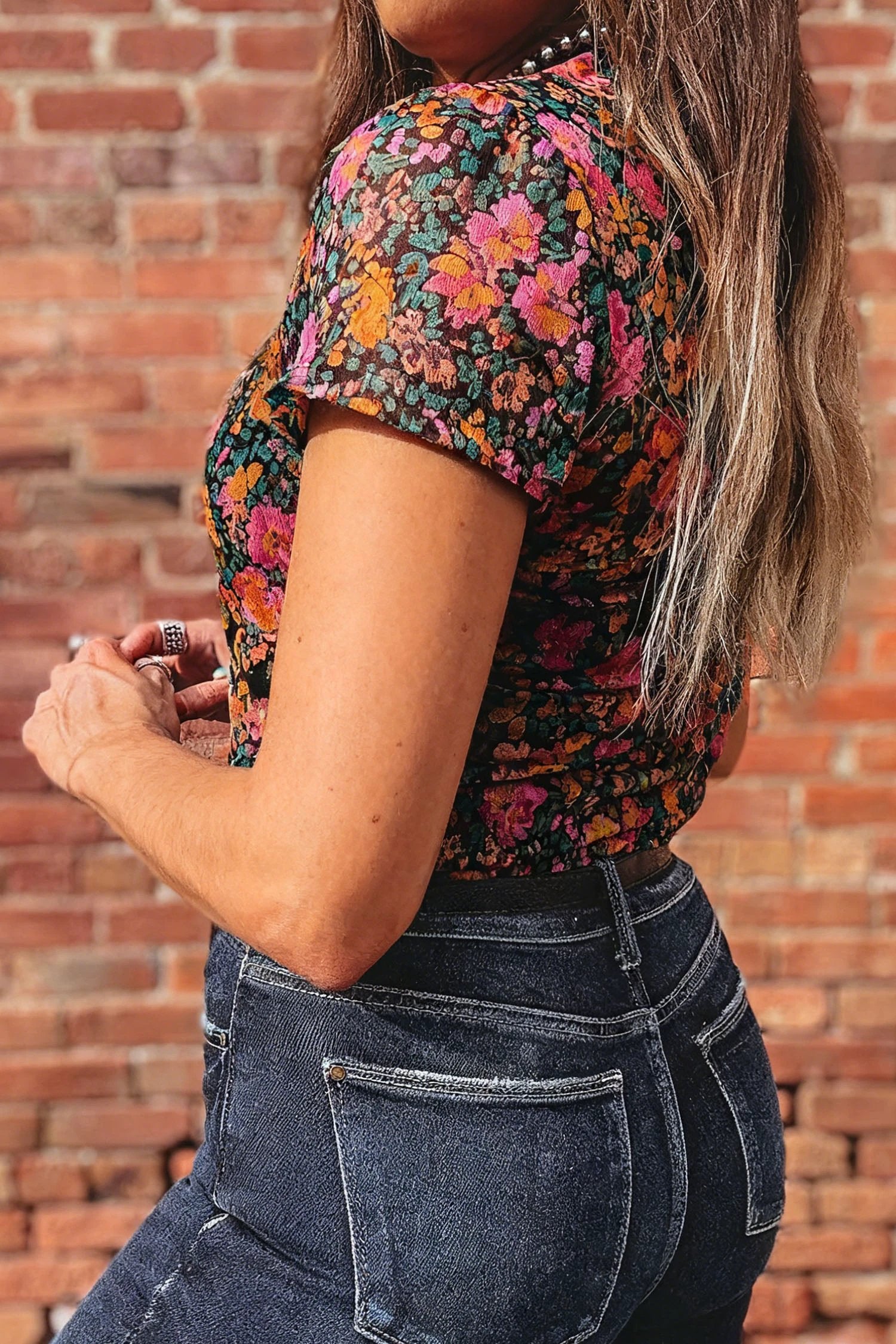 rose retro floral printed mesh short sleeve top for women casual everyday outfit