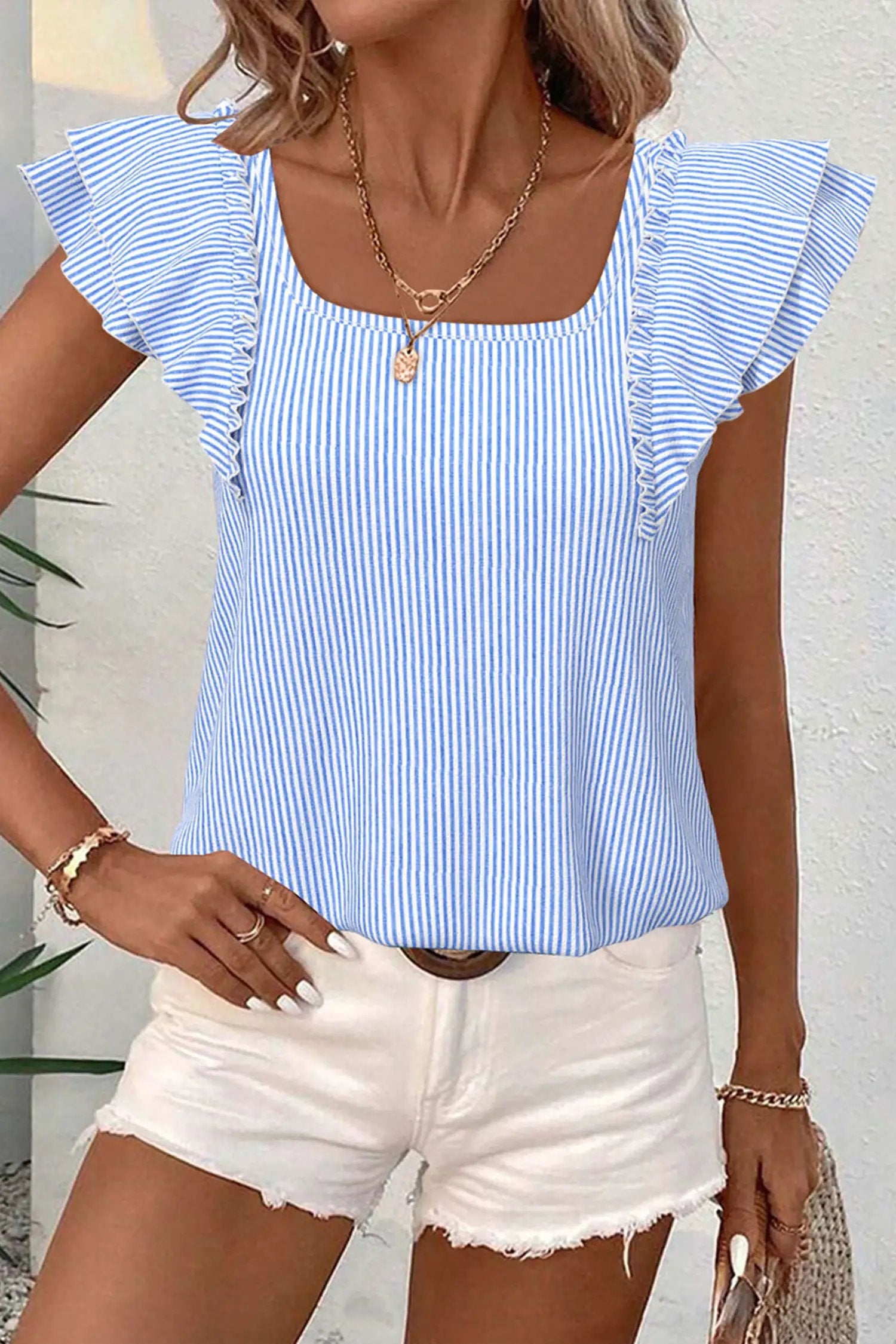 Dear-Lover Dropshipping Sky Blue Stripe Square Neck Bow Decor Frilly Ruffled Short Sleeve Blouse - Tops/Blouses & Shirts