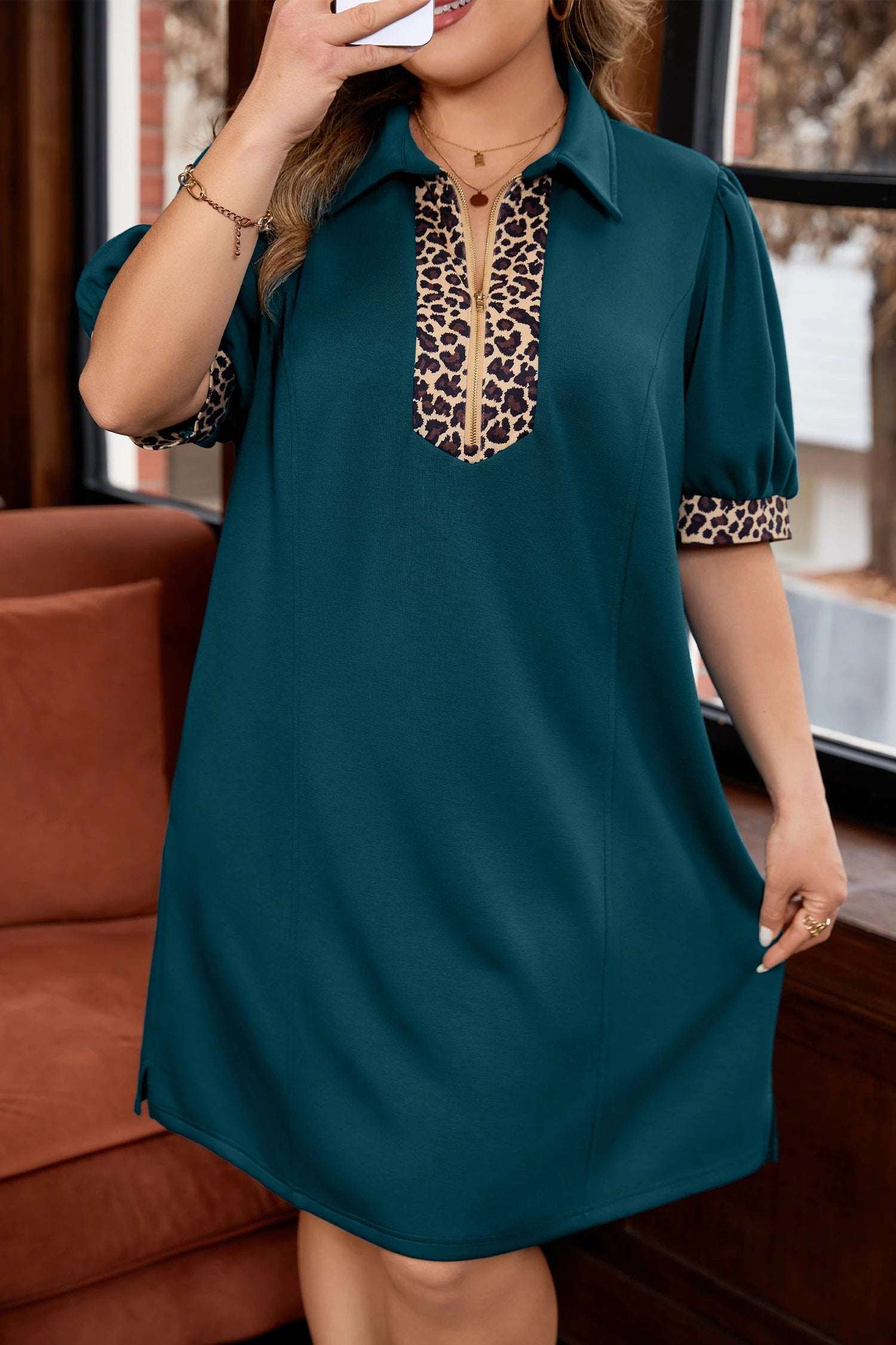 sea green leopard patchwork detail quarter zip collared plus size mini dress for women casual everyday outfit