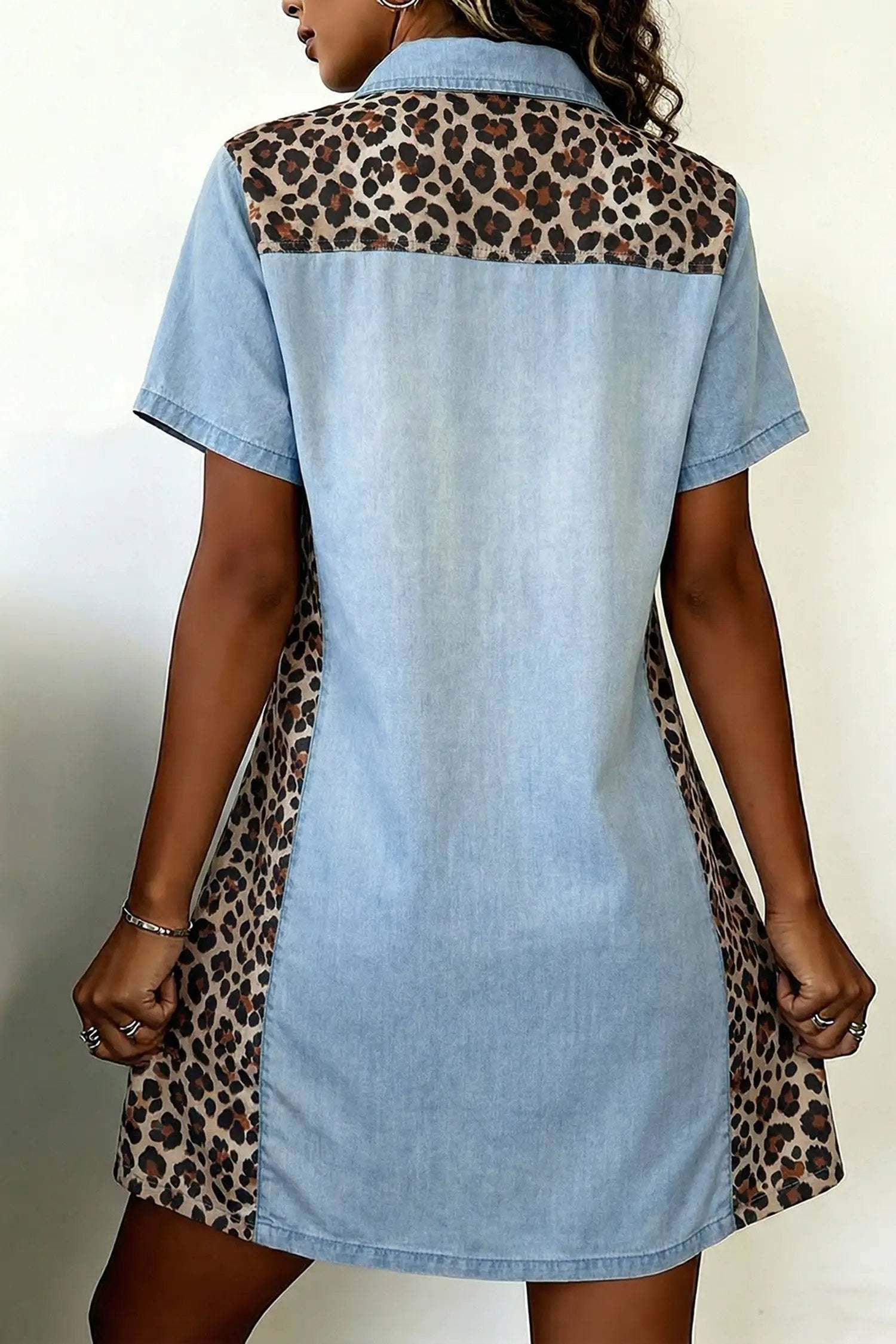 Leopard Print Mini Dress with denim color block and shirt collar