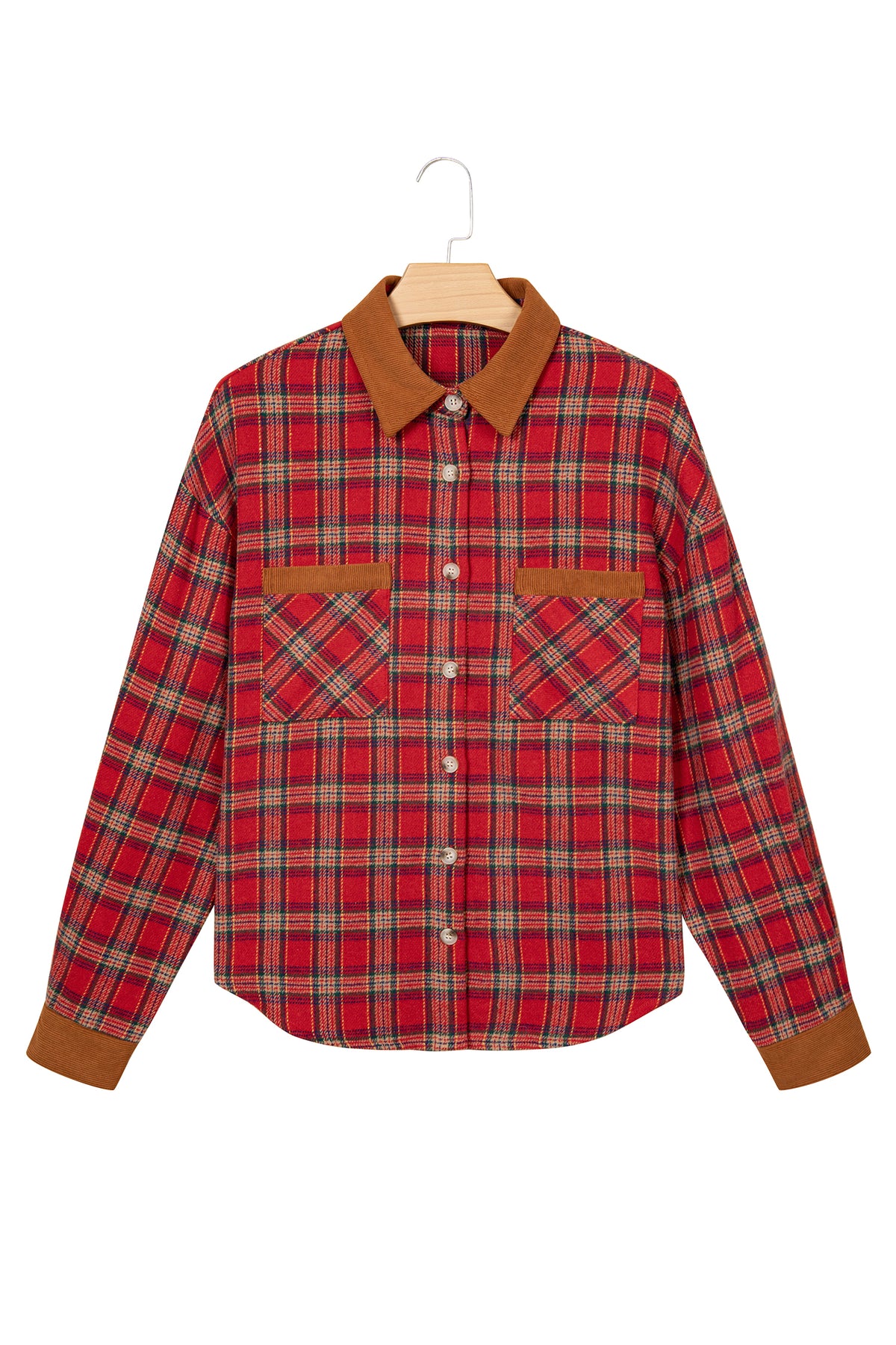 Red Casual Plaid Color Block Collared Button Shacket