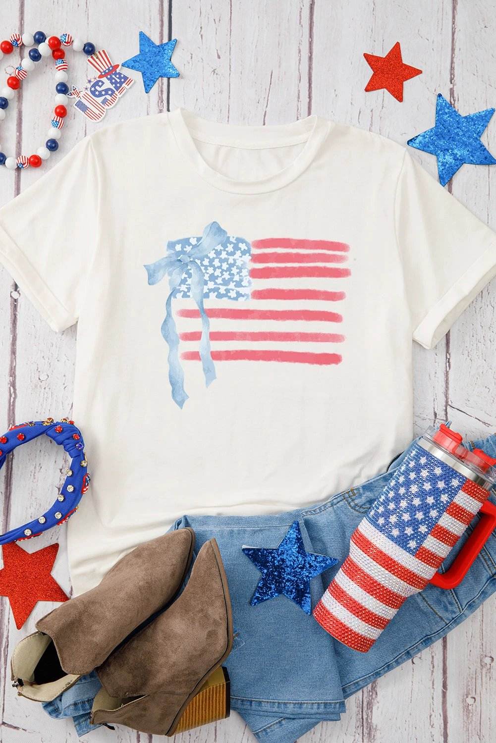 white american flag bow knot print crew neck t shirt for women casual everyday outfit