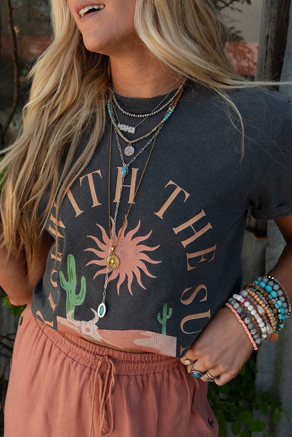 dark grey rise with the sun western fashion graphic tee for women casual everyday outfit