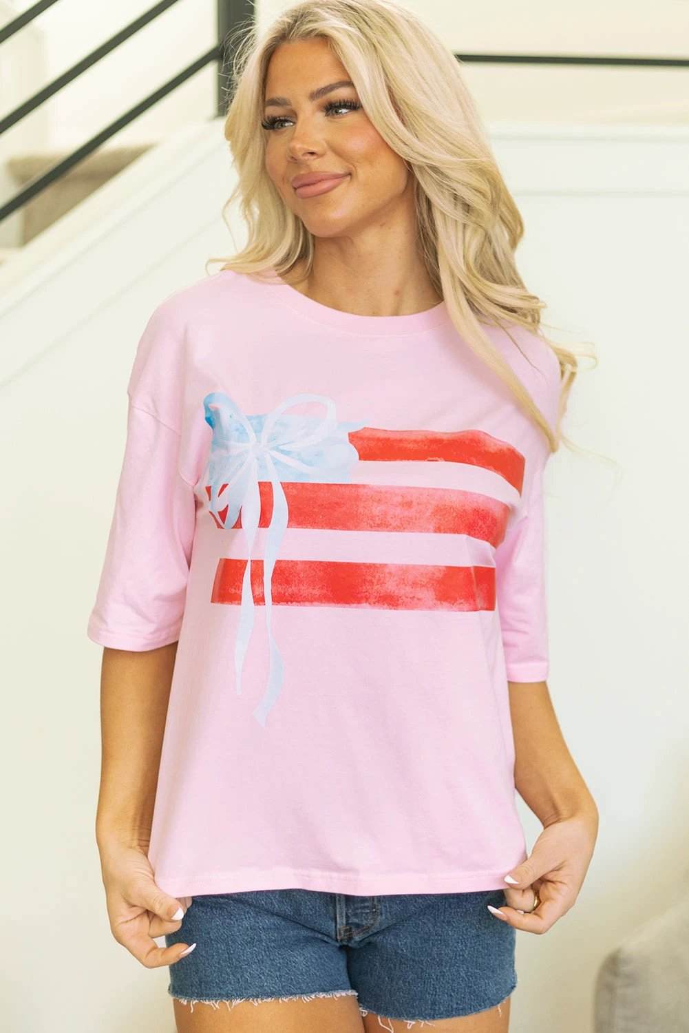 light pink flag bow graphic crewneck tee for women casual everyday outfit