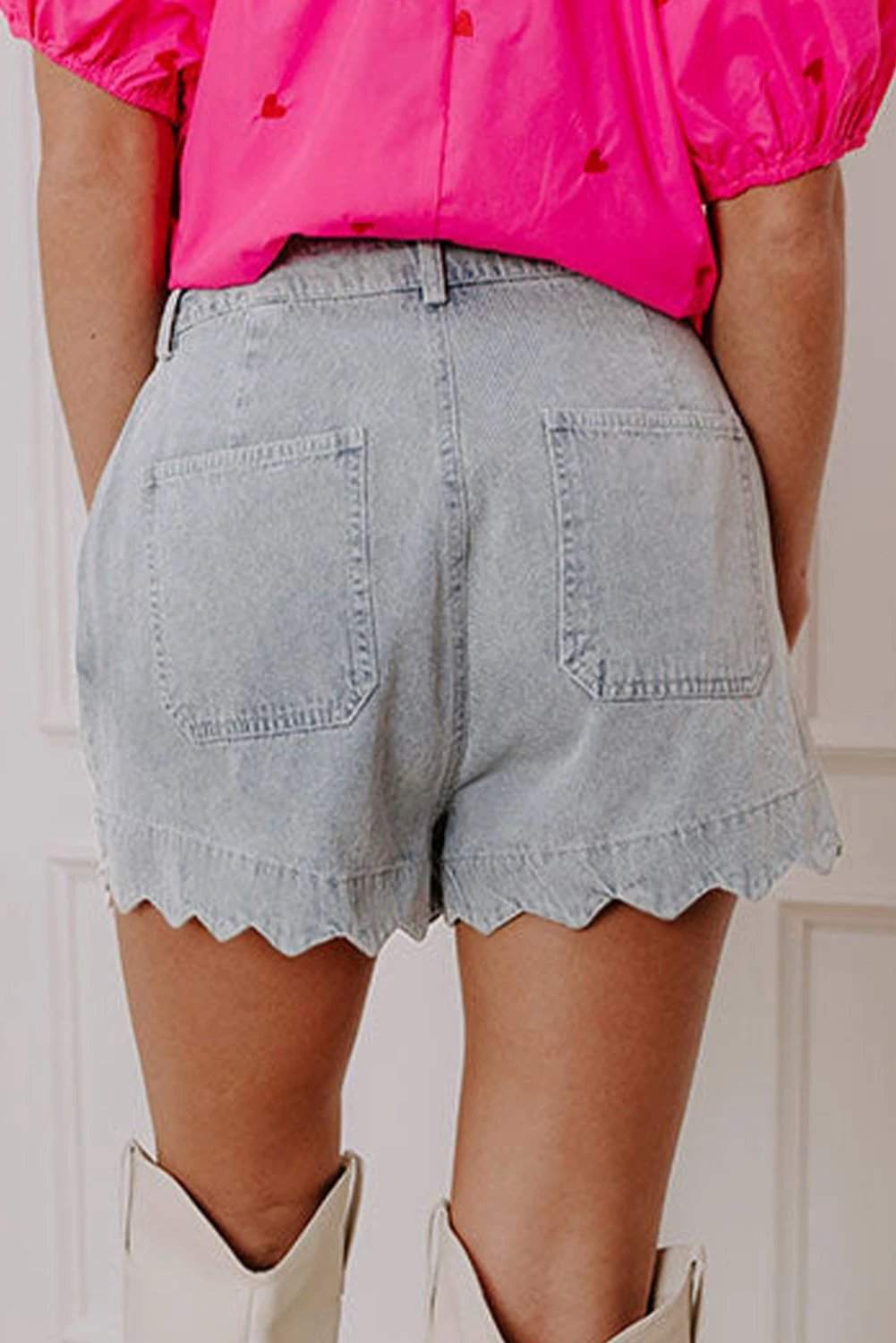 white scalloped hemline acid wash high waist denim shorts for women casual everyday outfit