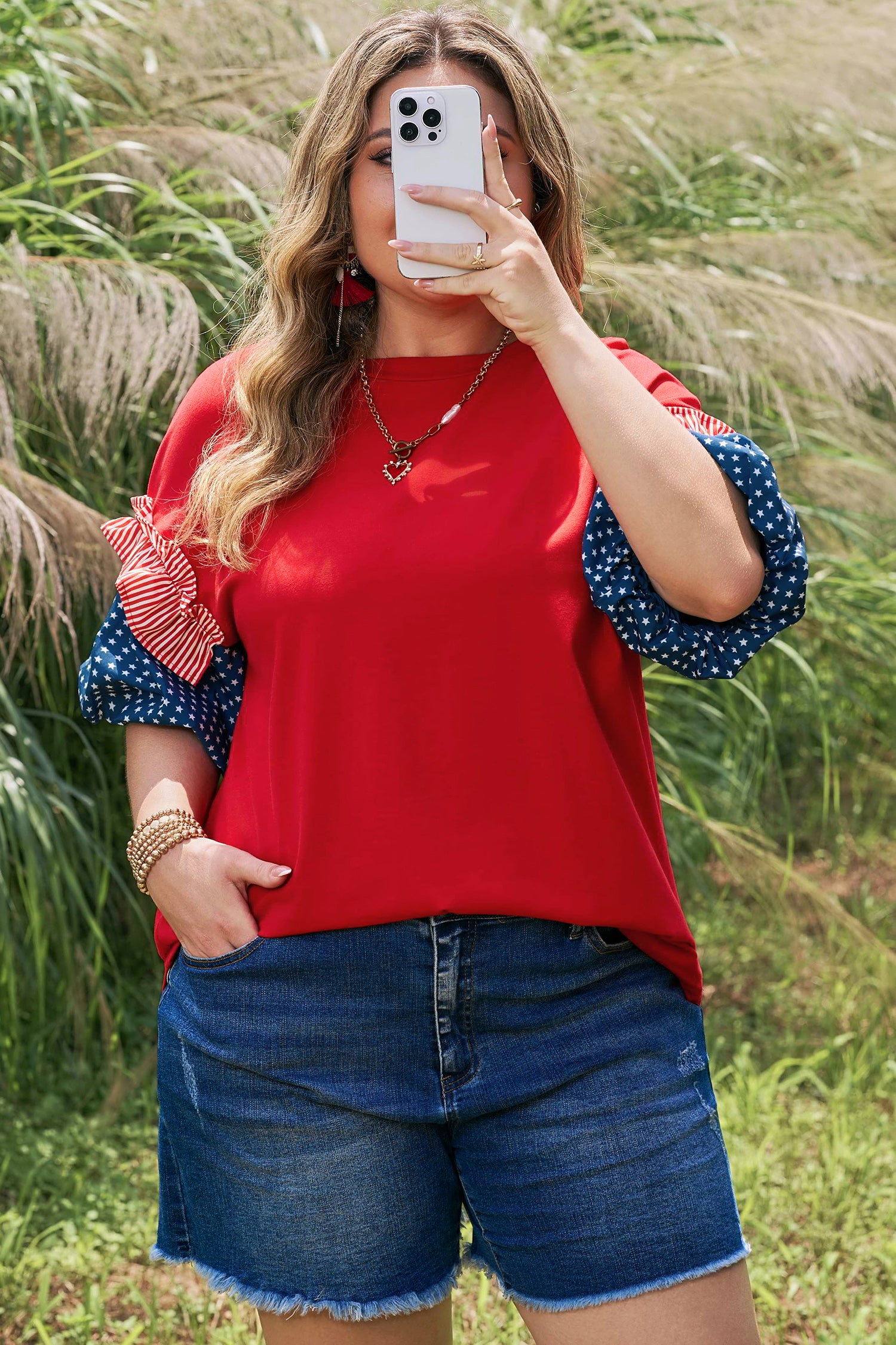 Plus Size Patchwork Star Top with Striped — plus size women's everyday top | J&H Apparel