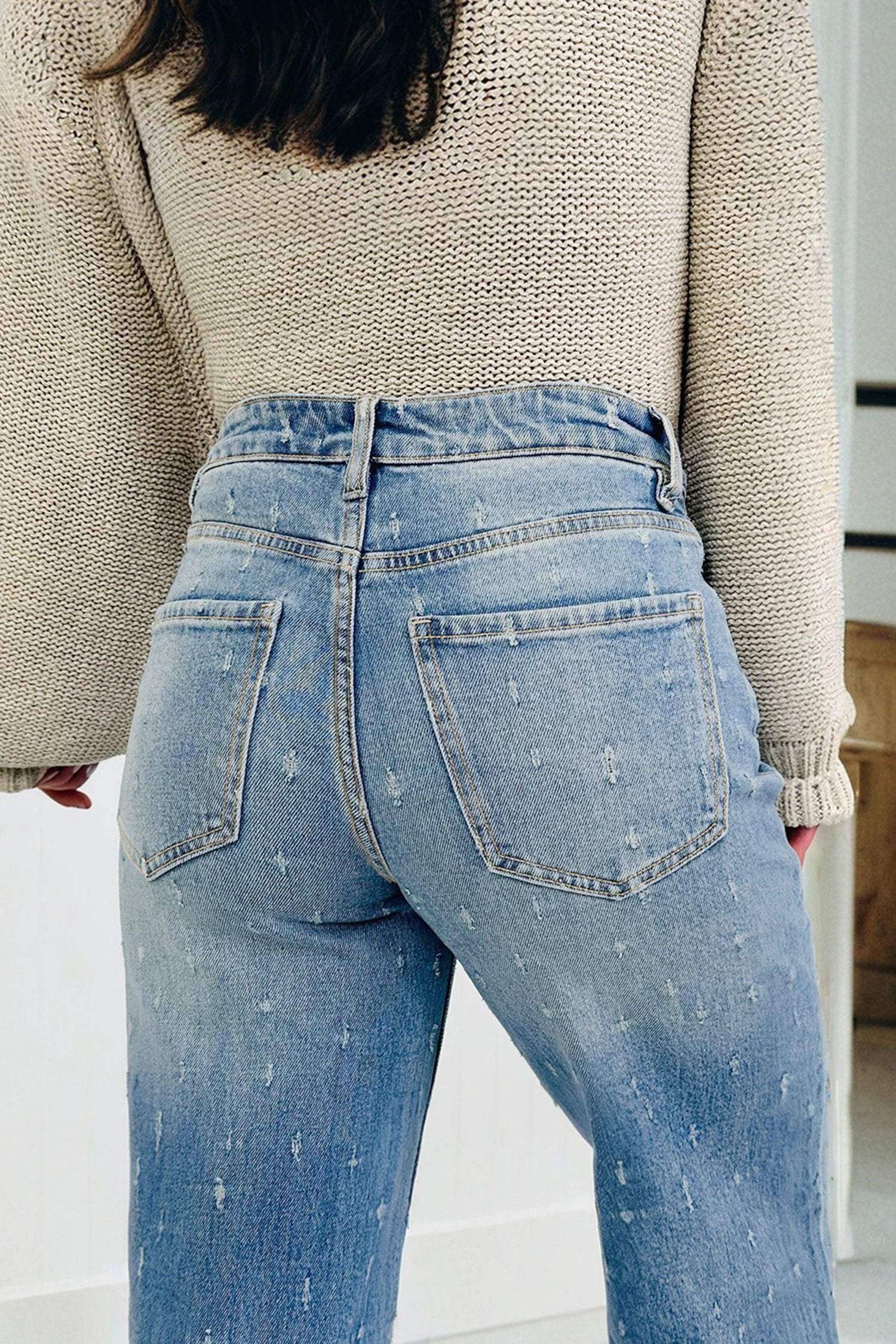 mist blue distressed detail tummy control raw hem jeans for women casual everyday outfit