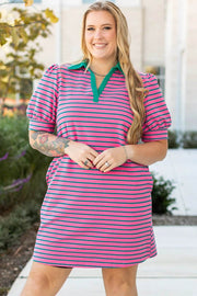Plus-size collared V-neck puff sleeve shift T-shirt dress with pockets