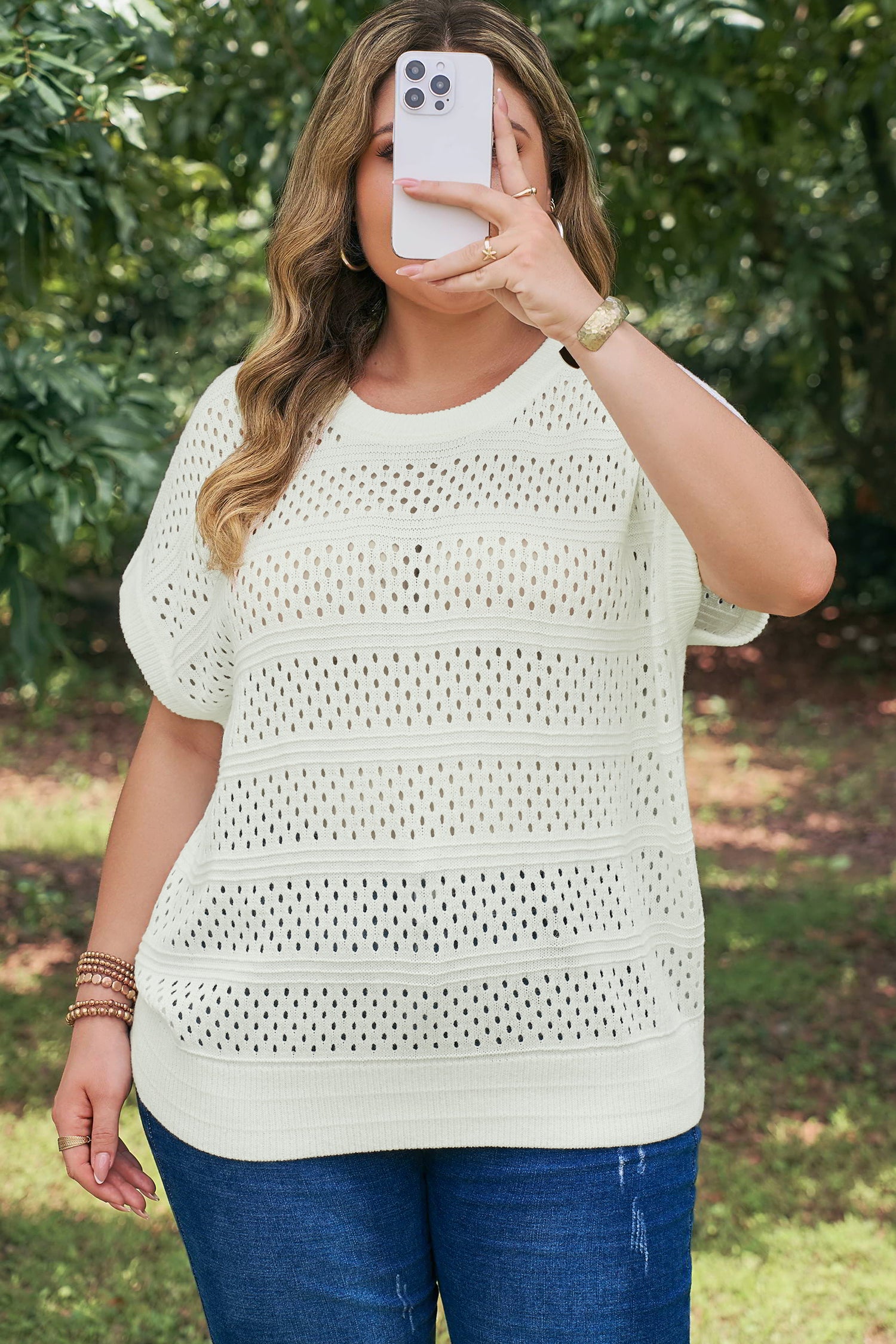 Plus Size Eyelet Hollow Out Knit Ribbed Trim Short Sleeve Dolman Sweater — women's everyday bottoms | J&H Apparel