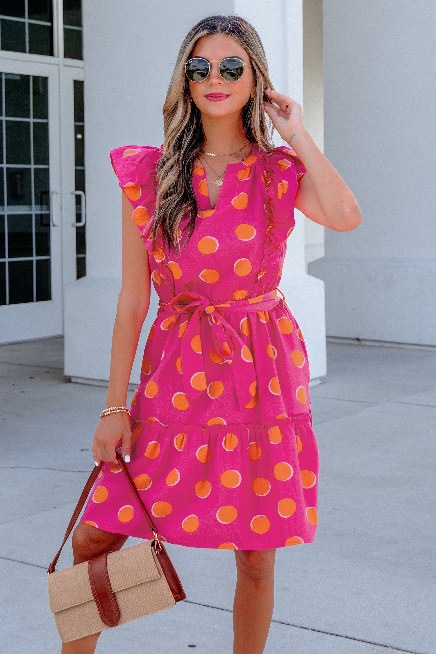 Double Polka Dot V-Neck Ruffled Short Sleeve Dress — everyday dress for women | J&H Apparel