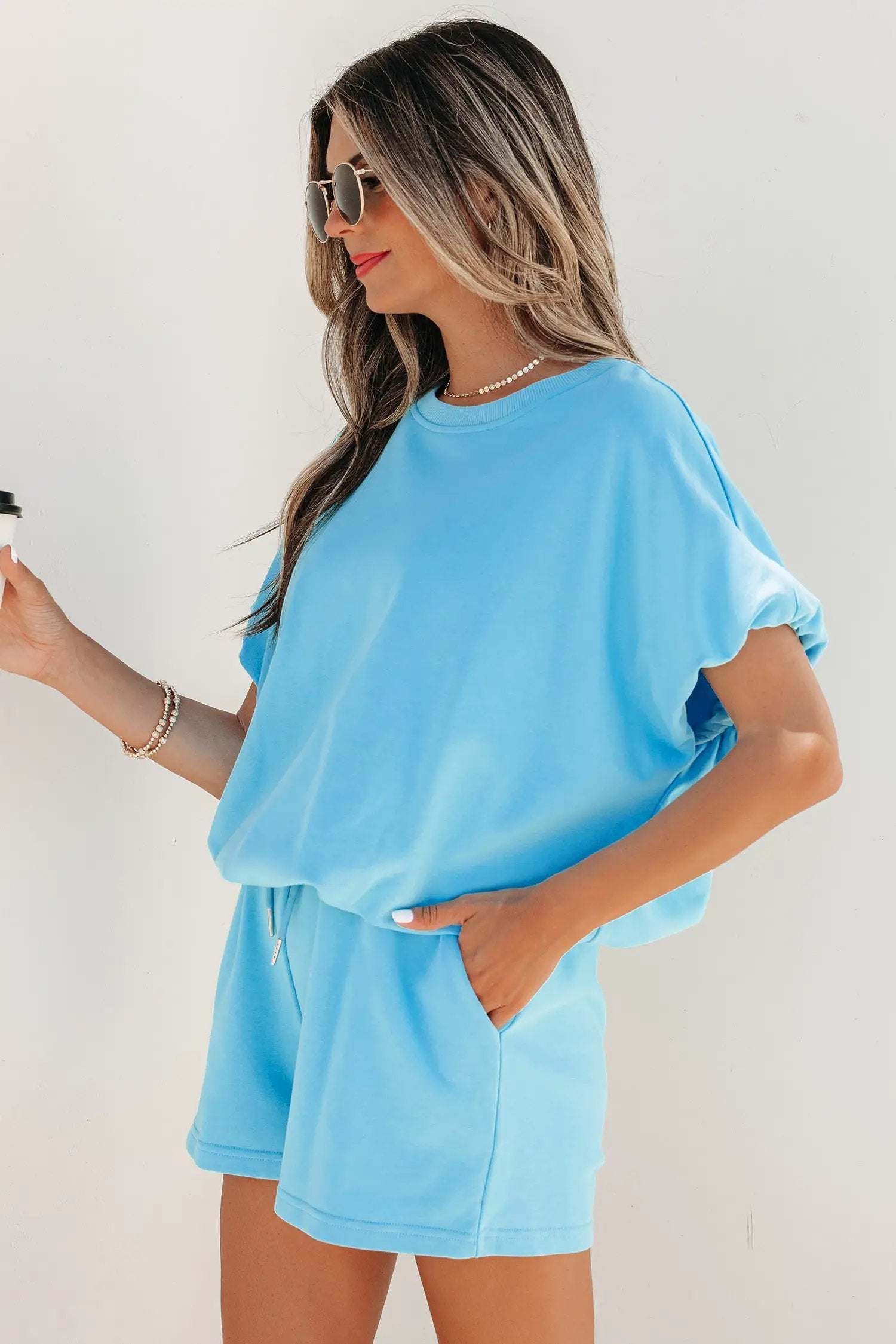 J&H Apparel Green Solid Color Puffy Loose Top Drawstring Shorts 2pcs Outfit - Outfit Sets Two Piece Sets/Short Sets